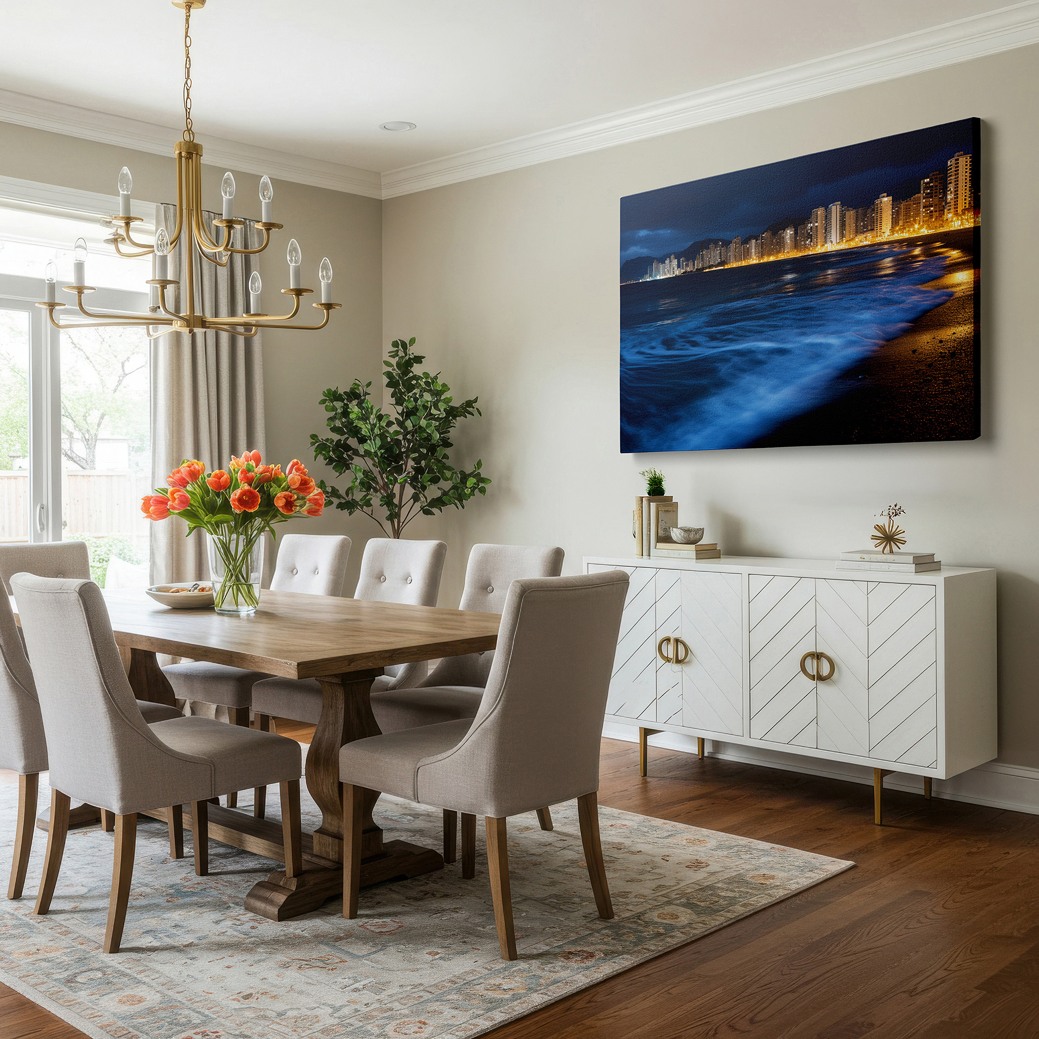 Framed by abstract decor and natural-toned accessories — nighttime urban cityscape with glowing lights and peaceful water reflections - large canvas wall art for office and bedroom decor