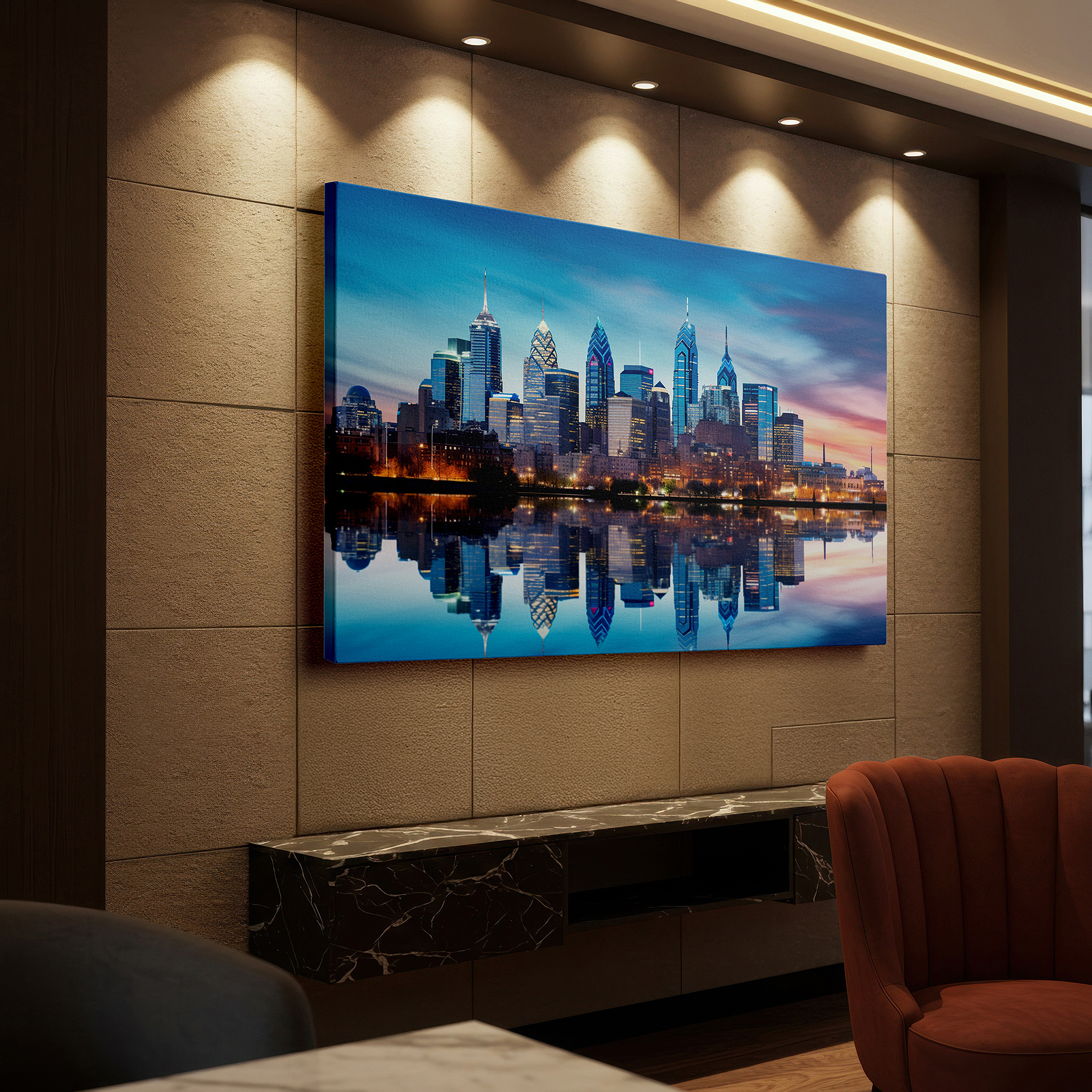Framed by abstract decor and natural-toned accessories — philadelphia skyline at dusk: capturing the serene grandeur of urban and natural beauty - large wall art, canvas, office decor
