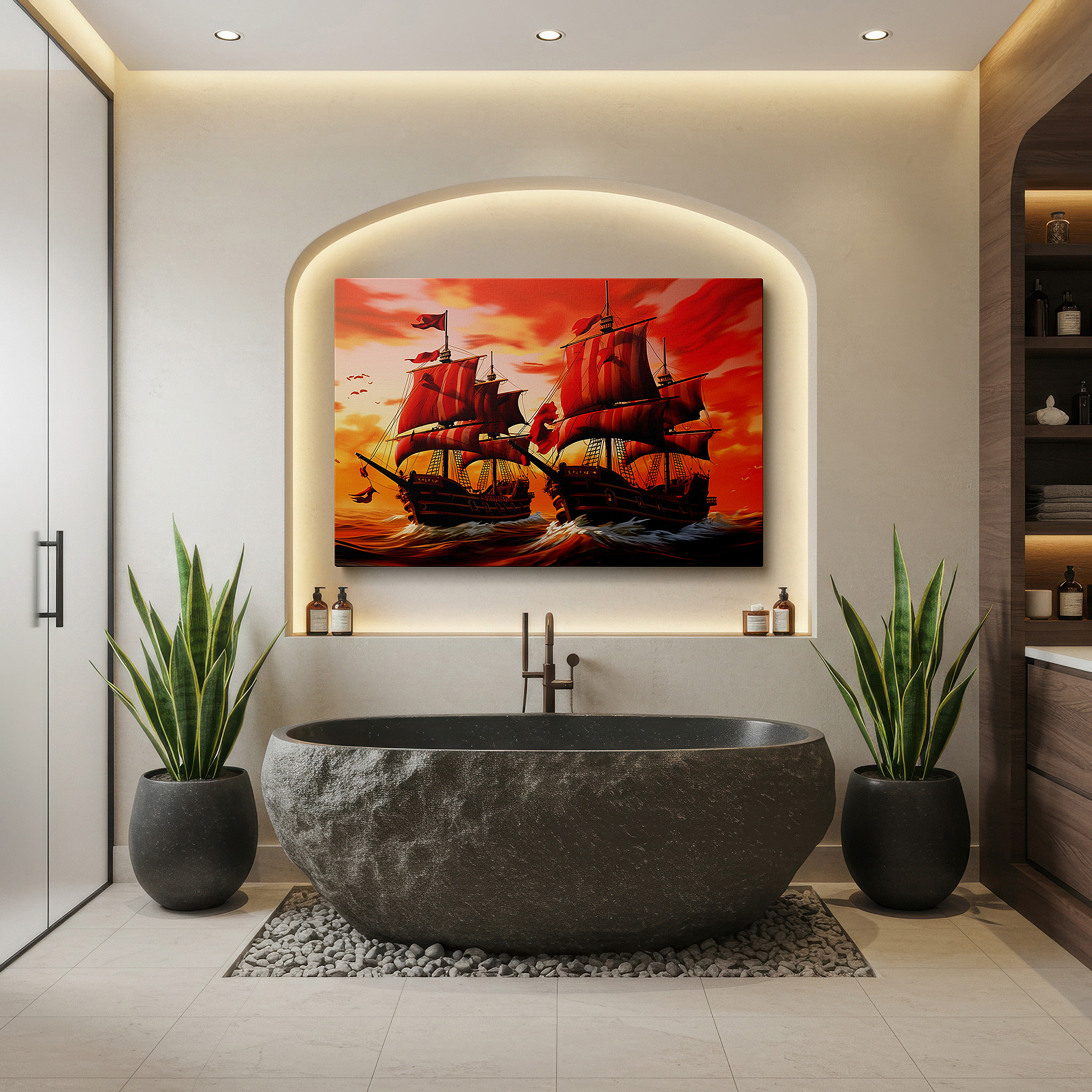 Framed by abstract decor and natural-toned accessories — pirate ships outlined in sunset, inspiring adventure and romance - large wall art, canvas print, home and office decor