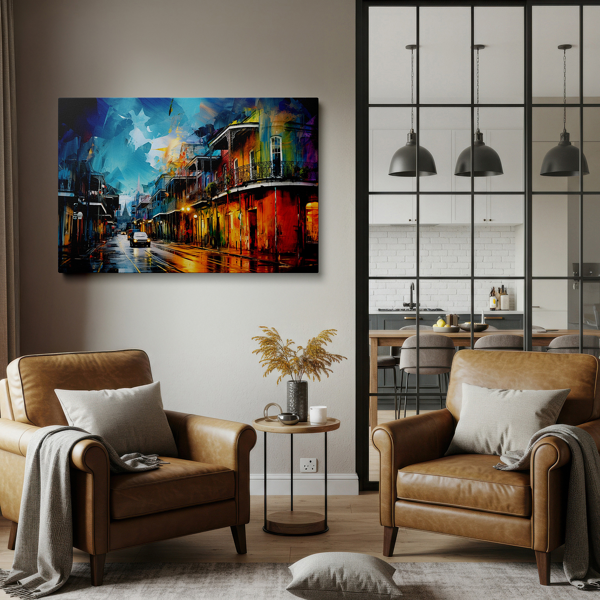 Framed by abstract decor and natural-toned accessories — rain-drenched cityscape with reflective hues and historic buildings large wall art, canvas wall art, wall decor for office and bedroom