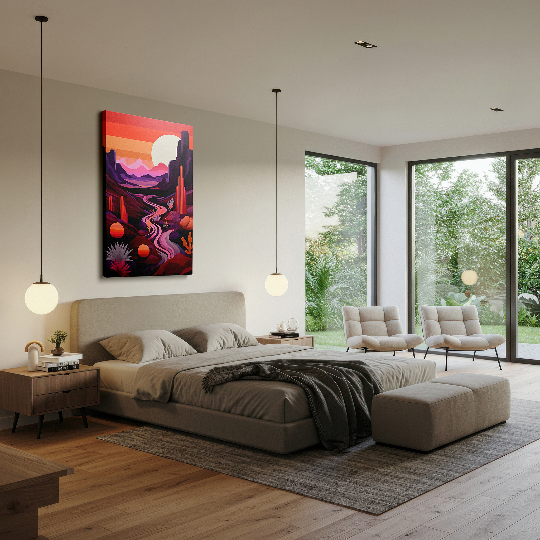 Framed by abstract decor and natural-toned accessories — serene desert oasis canvas wall art featuring a winding river and majestic mountains, perfect for office or bedroom decor