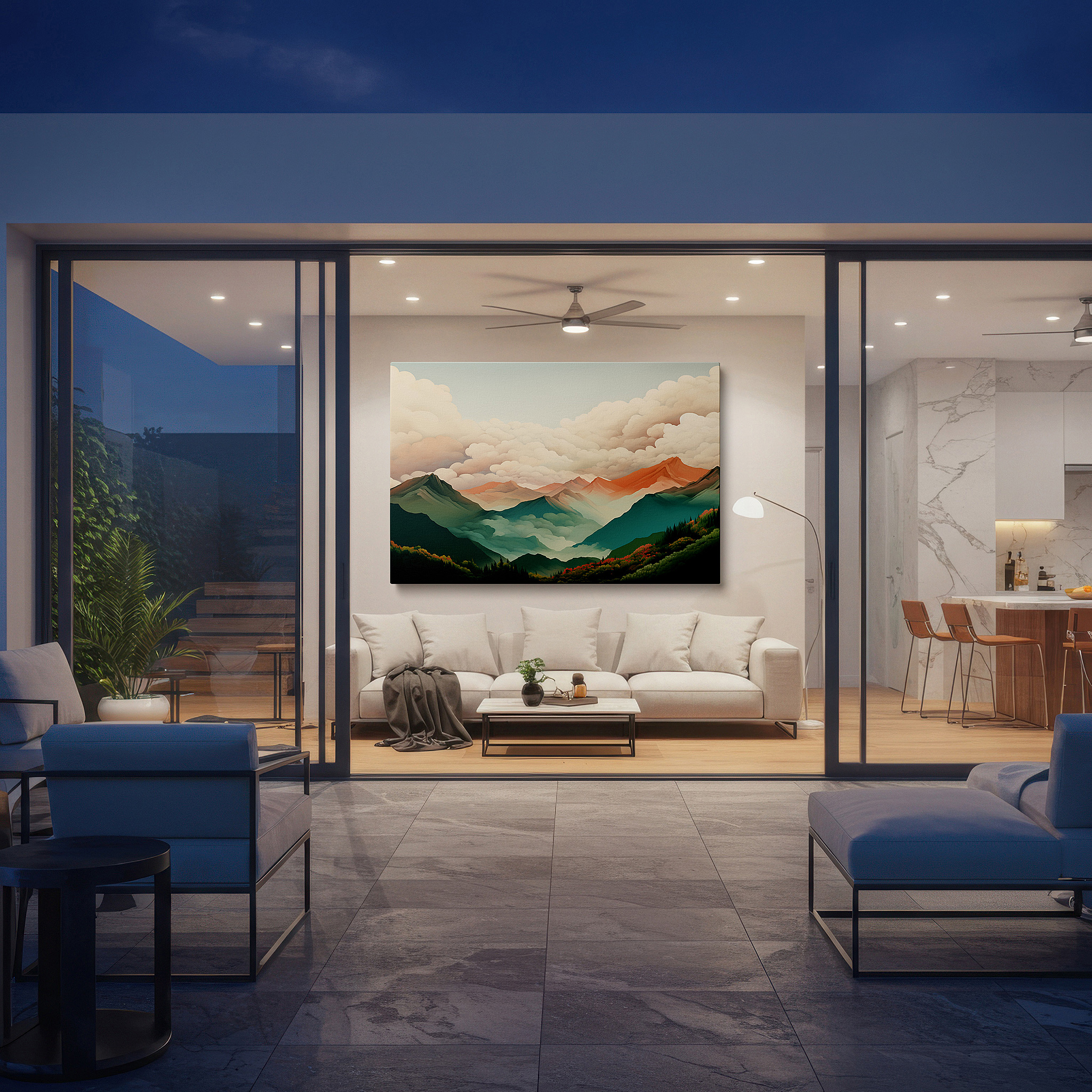 Framed by abstract decor and natural-toned accessories — serene mountain range surrounded by soft clouds, peaceful large wall art, canvas wall decor for office and bedroom
