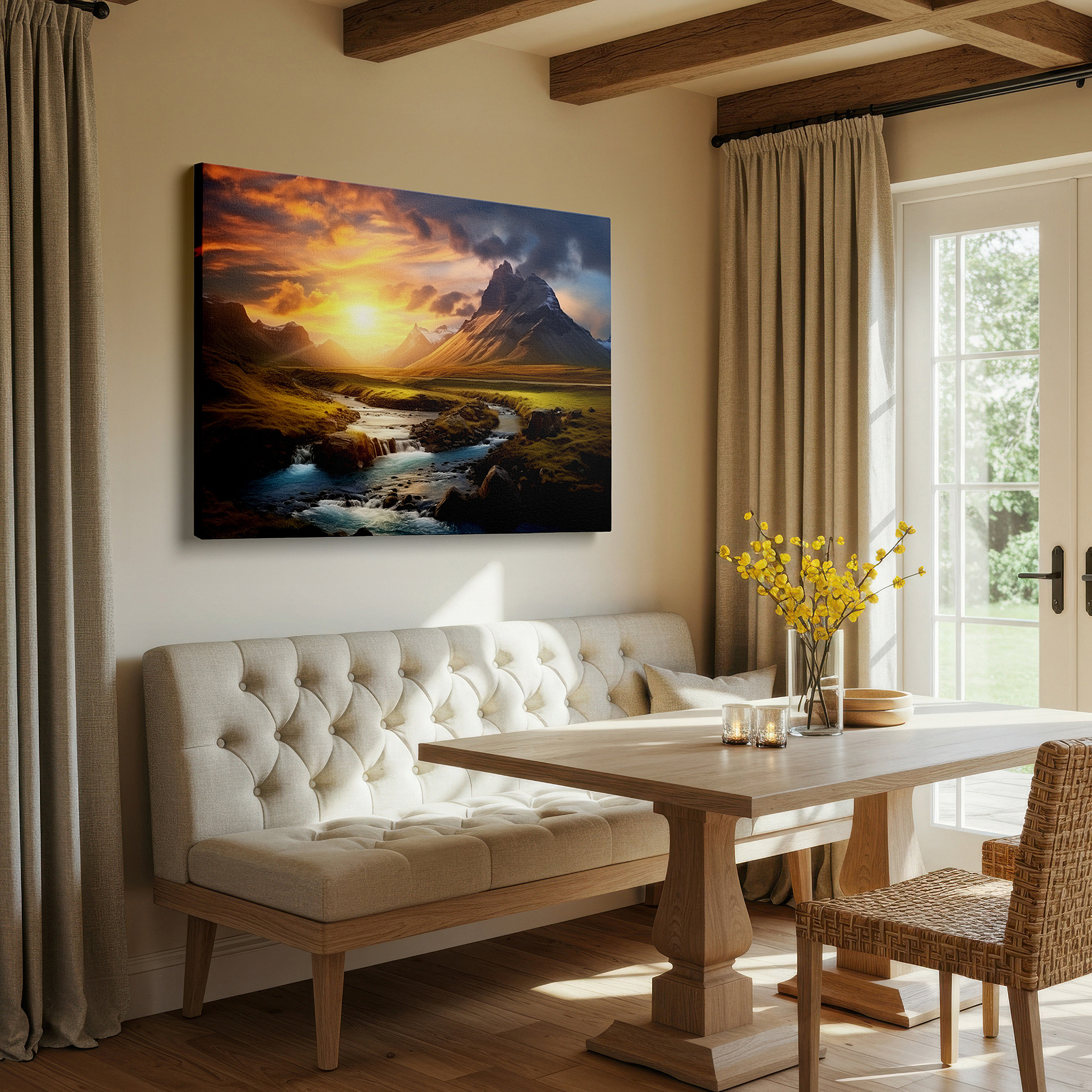 Framed by abstract decor and natural-toned accessories — serene river and majestic mountains bathed in sunset's glow - large canvas wall art for office and bedroom decor