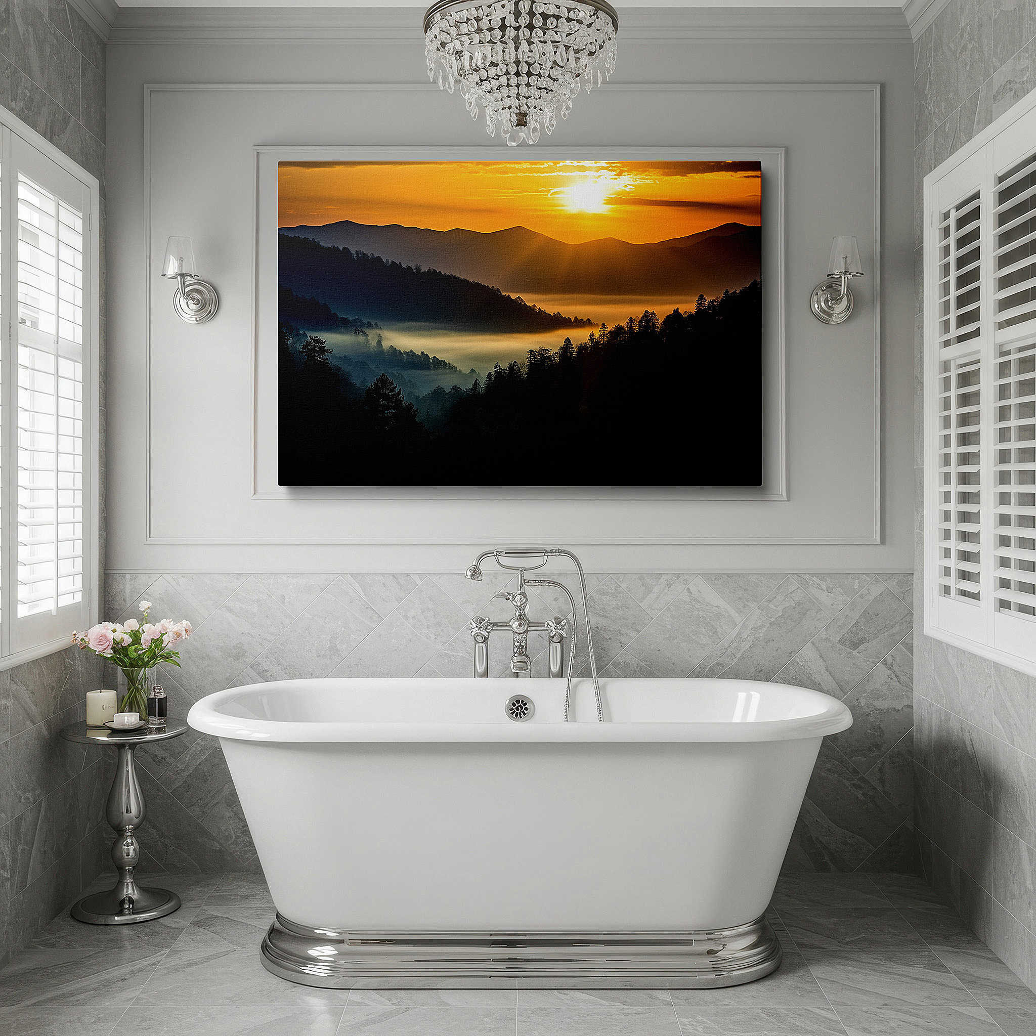 Framed by abstract decor and natural-toned accessories — serene sunset and misty mountains wall art: tranquil wilderness large canvas for home and office decor, perfect for living room and bedroom