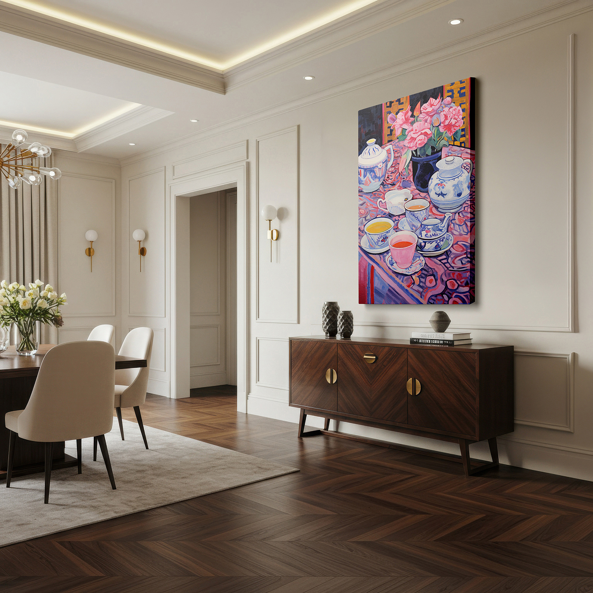 Framed by abstract decor and natural-toned accessories — serene tea time canvas wall art featuring vibrant flowers and luxurious textiles for office and bedroom decor