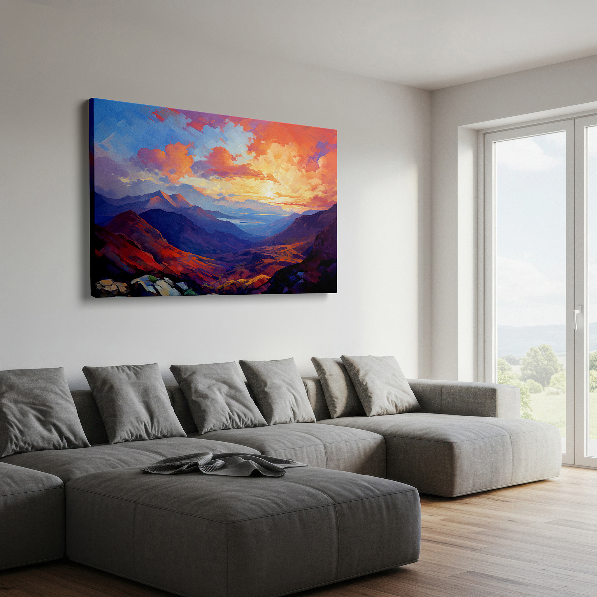 Framed by abstract decor and natural-toned accessories — serene valley sunrise: tranquil and dynamic nature scene large canvas wall art for office and bedroom decor