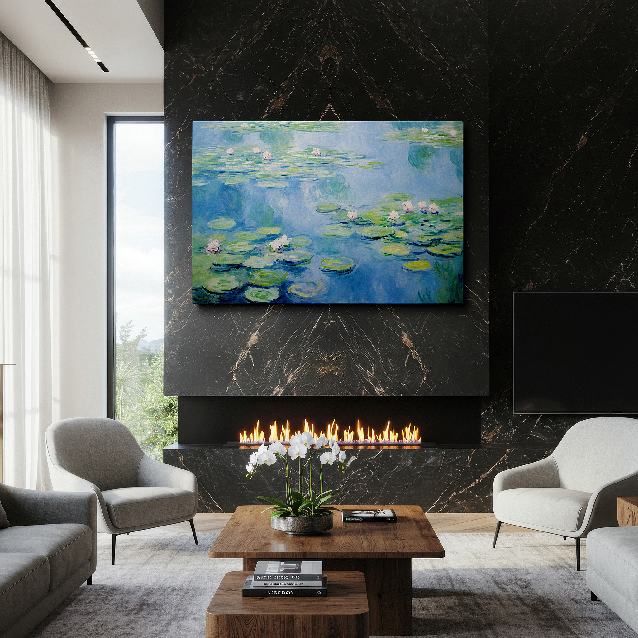 Framed by abstract decor and natural-toned accessories — serene water lilies on a tranquil pond - a masterful impressionist tribute: large canvas wall art for office and bedroom decor