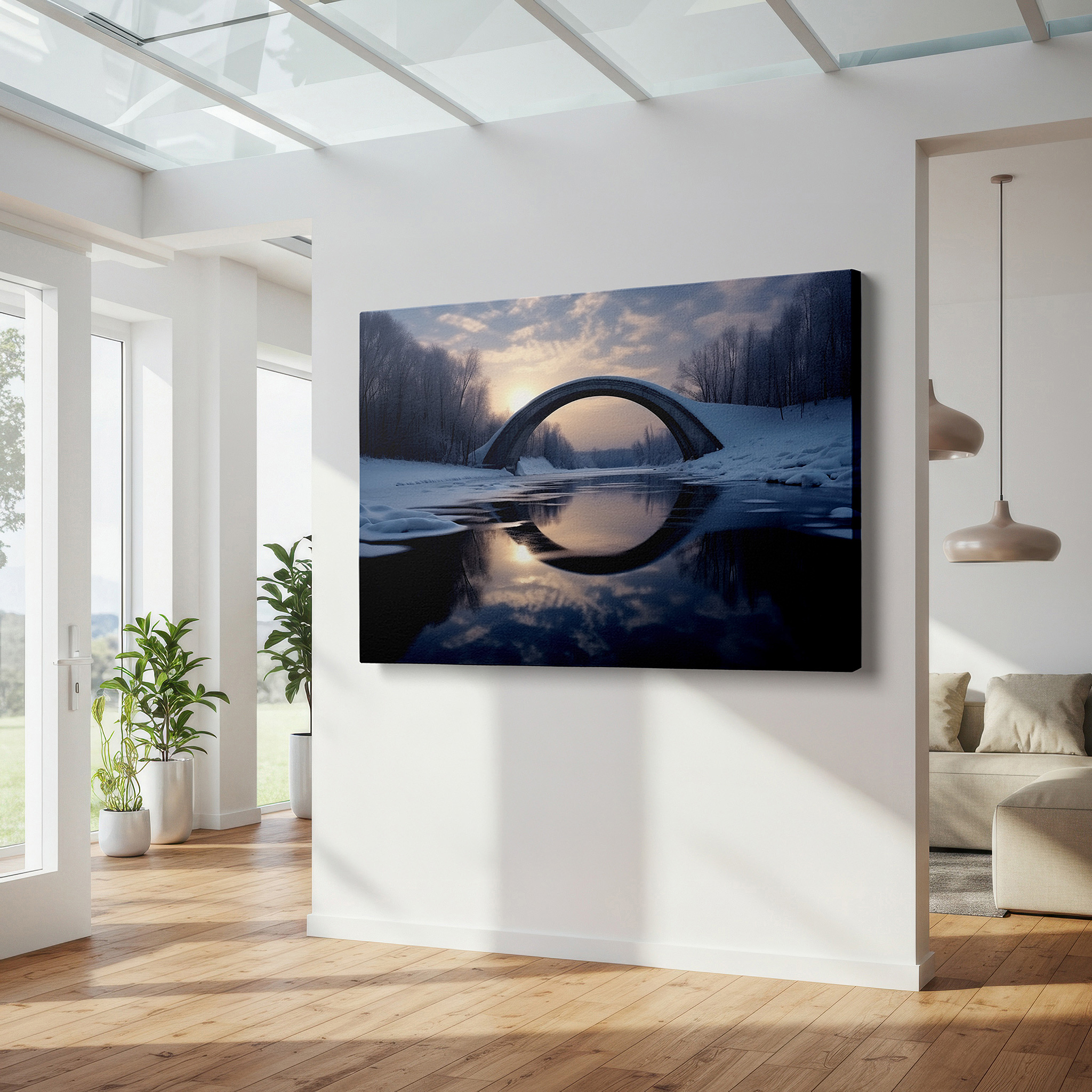 Framed by abstract decor and natural-toned accessories — serene winter dawn above grand bridge and icy river - large canvas wall art for office, bedroom, and living room decor