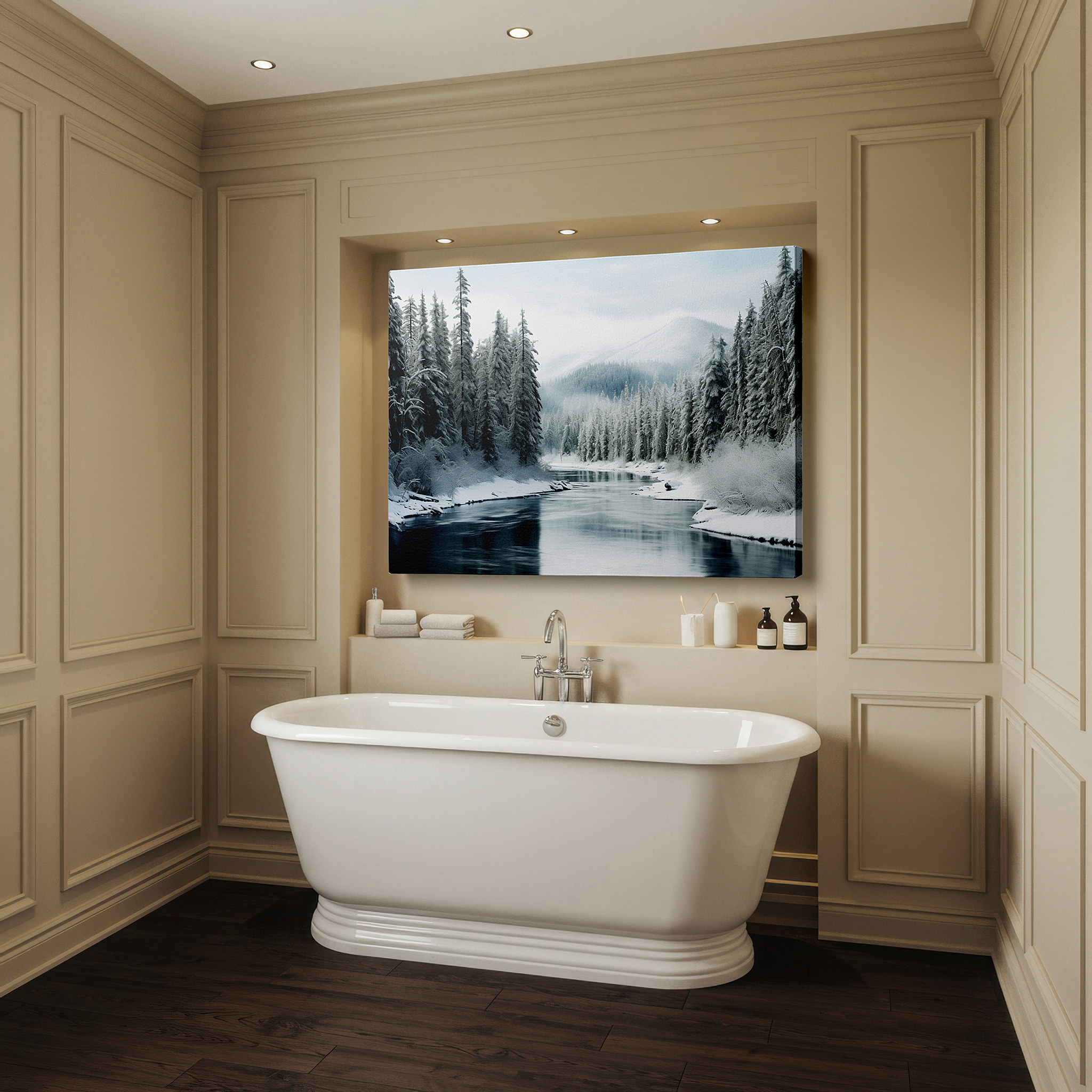 Framed by abstract decor and natural-toned accessories — serene winter river scene, peaceful snow-covered forest journey large wall art, canvas wall art, wall decor for office and bedroom