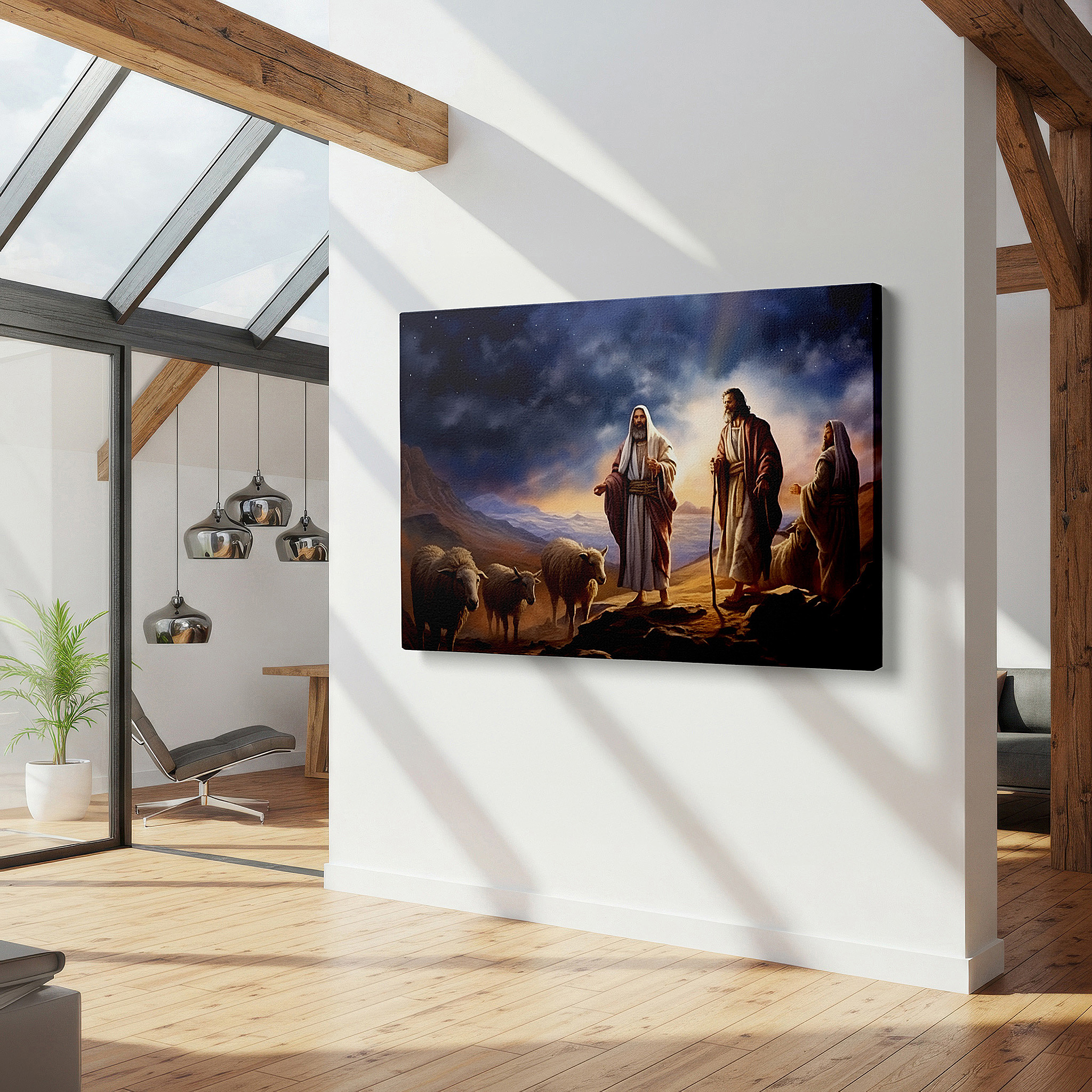 Framed by abstract decor and natural-toned accessories — shepherd's guidance in a twilight valley wall art: serene landscape of companionship and wisdom - large canvas wall art for home and office decor