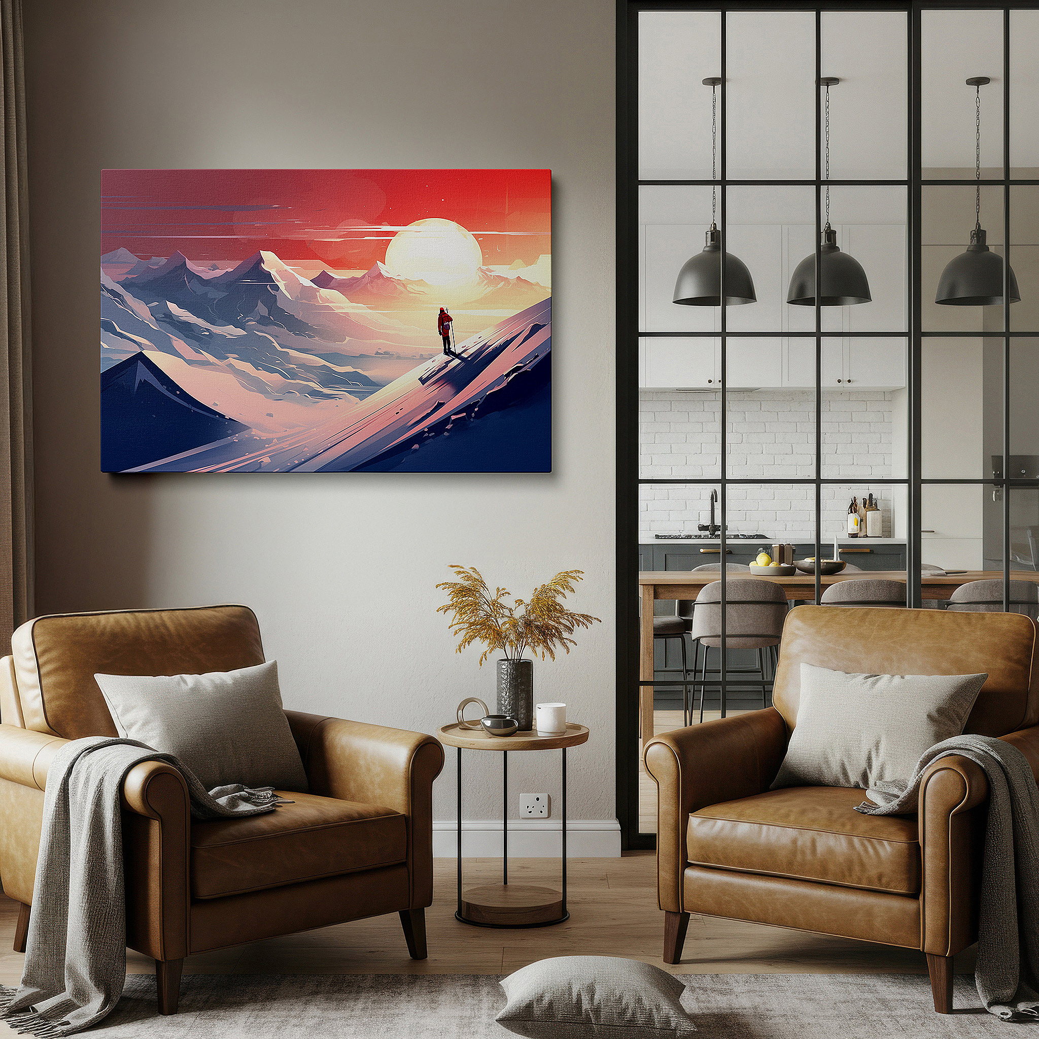 Framed by abstract decor and natural-toned accessories — solitary hiker among snow-capped peaks at sunset - a scene of solitude and adventure, large wall art, canvas, home and office decor