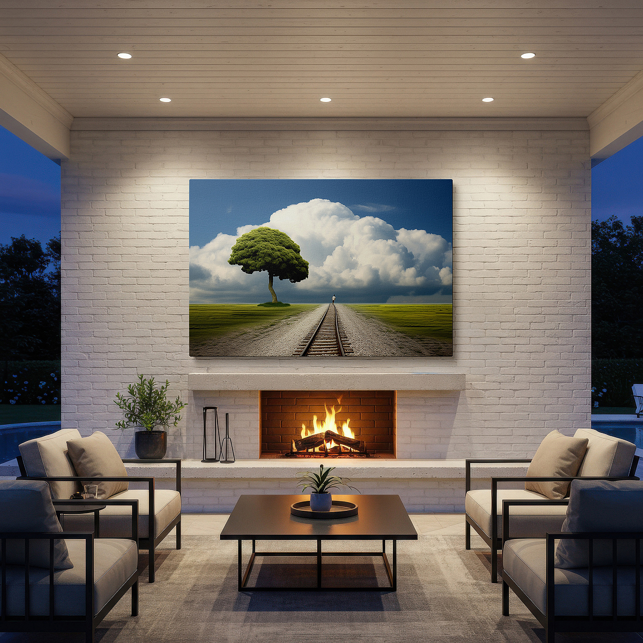 Framed by abstract decor and natural-toned accessories — solitary tree and train tracks wall art: a symbol of resilience and reflection - large canvas for home and office decor, ideal for living room and bedroom