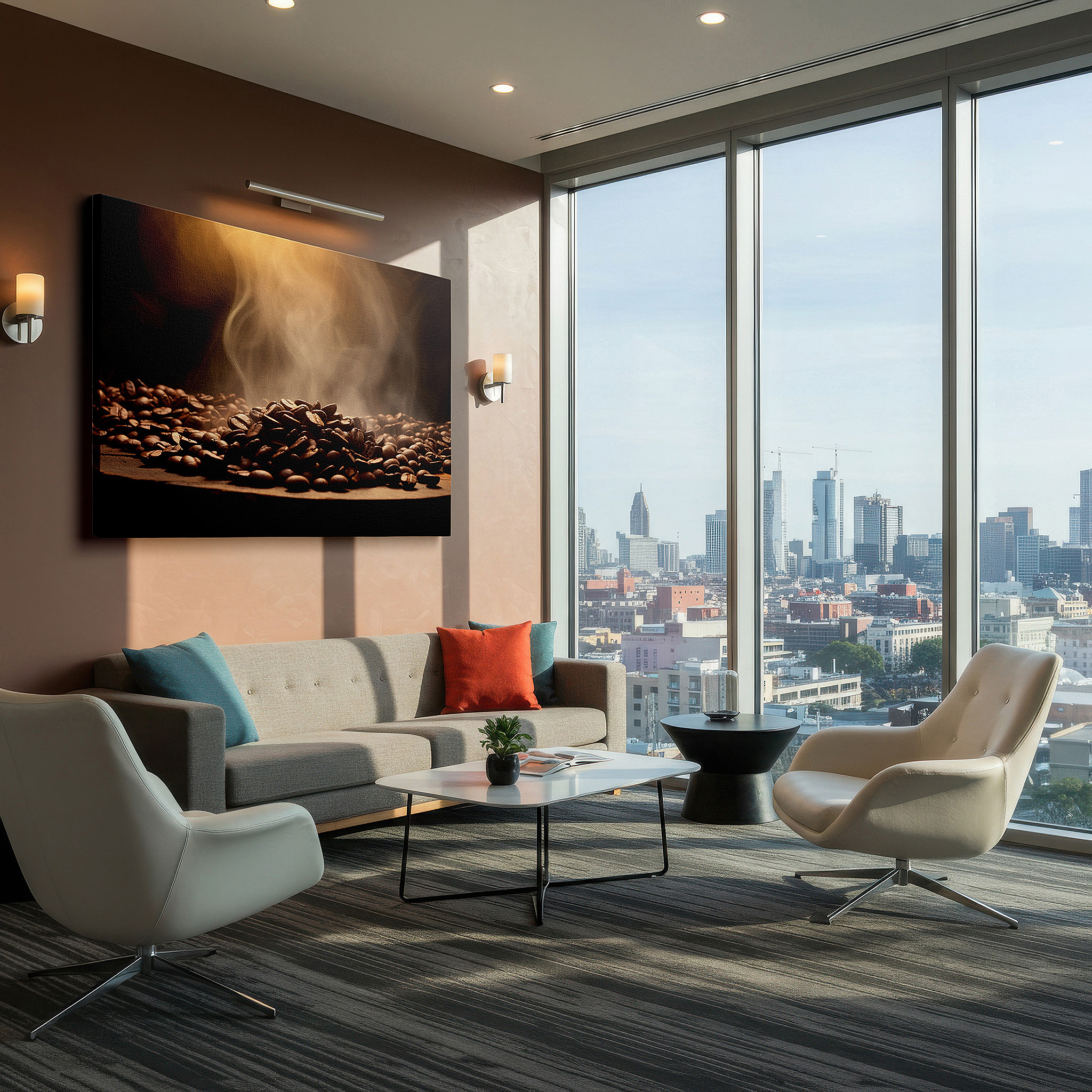 Framed by abstract decor and natural-toned accessories — steamy coffee beans on rustic wood: a sensory journey of warmth and aroma - large wall art, canvas wall art, wall decor for office and bedroom