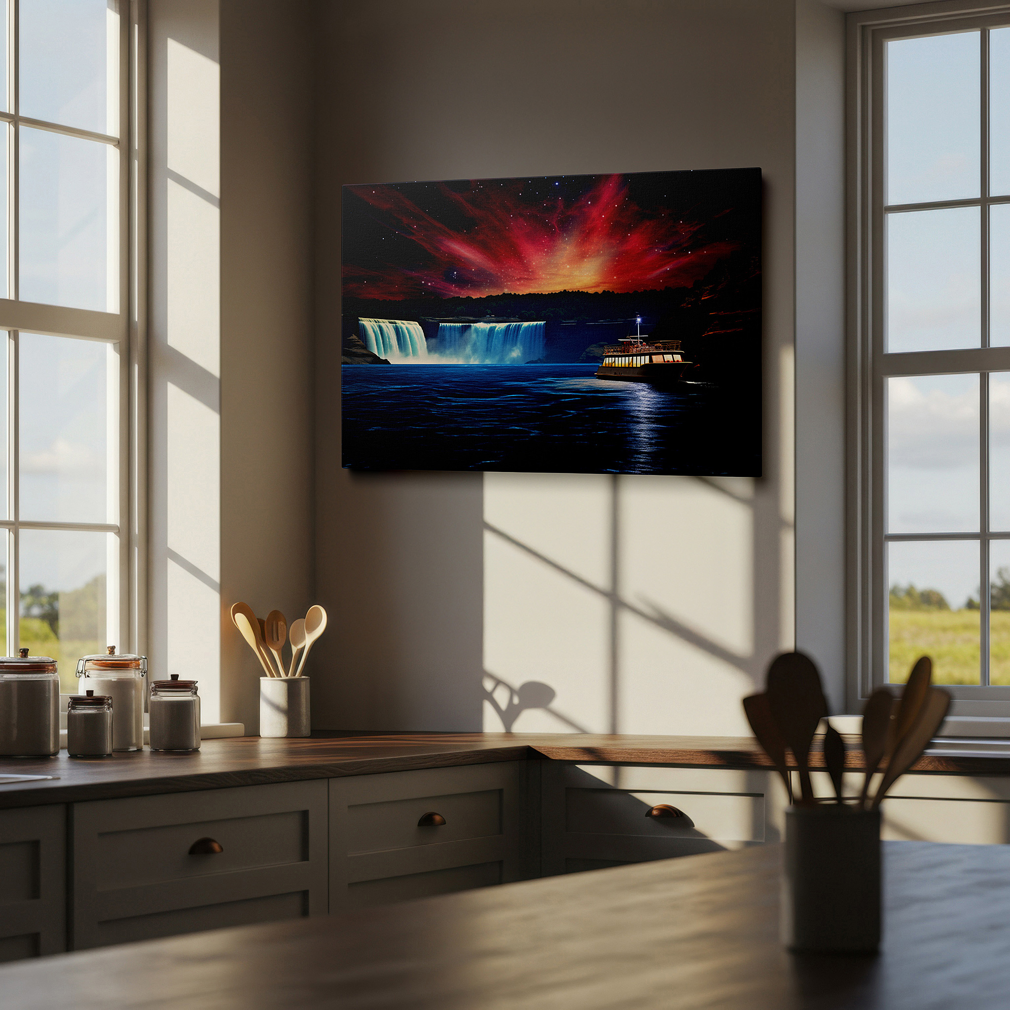 Framed by abstract decor and natural-toned accessories — stunning waterfall and northern lights large canvas wall art, surrounded by lush greenery with starry sky reflections, perfect for office decor