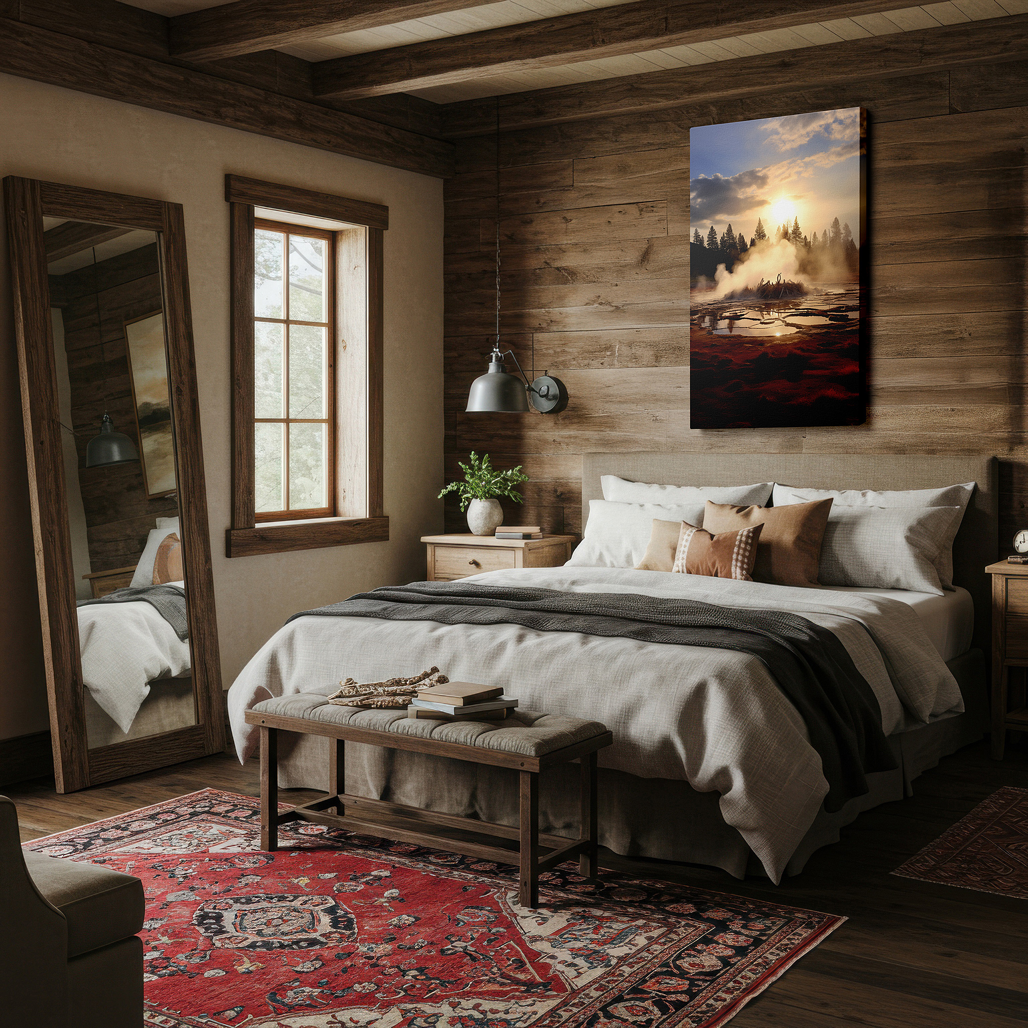 Framed by abstract decor and natural-toned accessories — sunset forest geyser eruption, dynamic energy and serene beauty large wall art, canvas wall art, wall decor for office