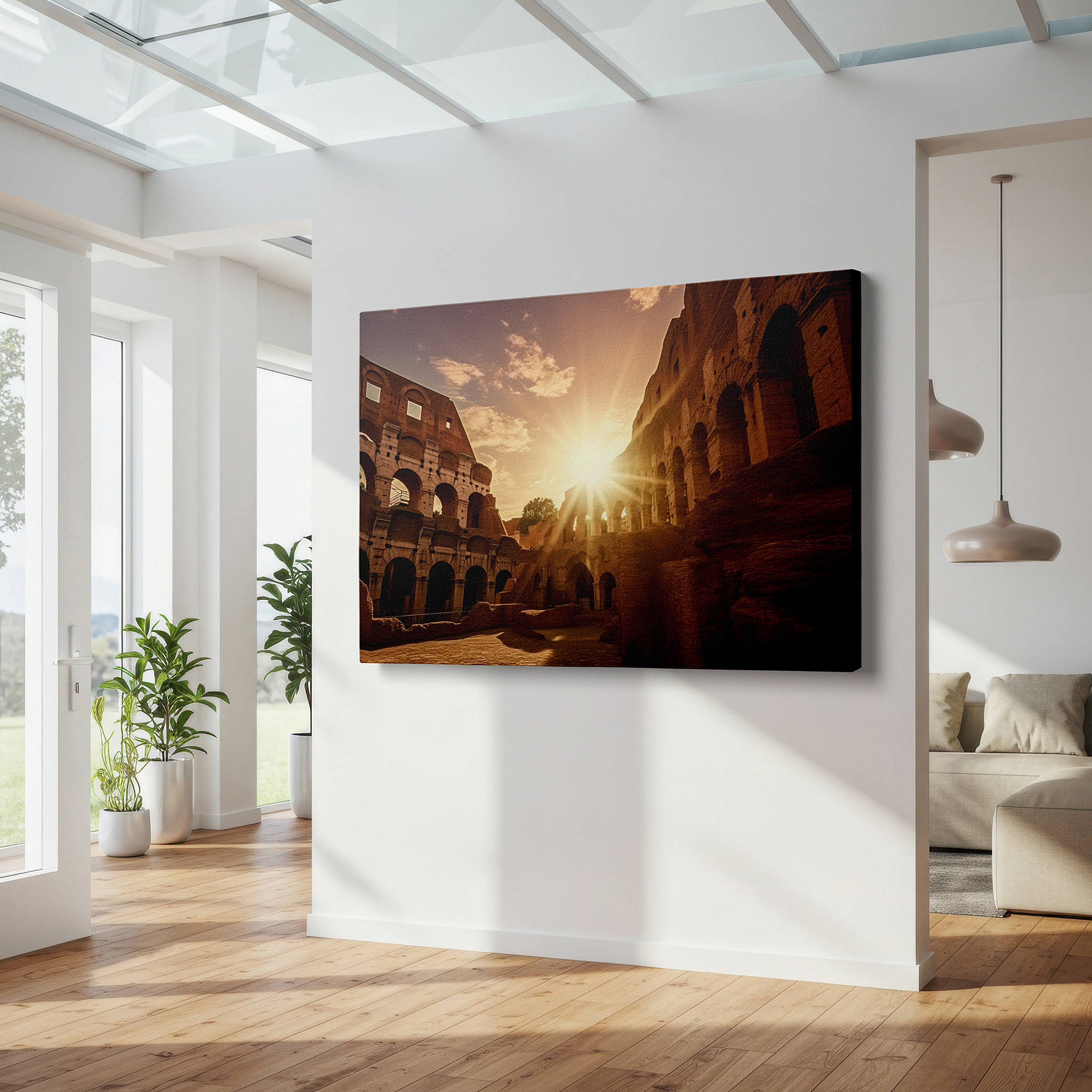Framed by abstract decor and natural-toned accessories — sunset at the roman colosseum - majestic historical warmth large wall art, canvas, decor for office and bedroom