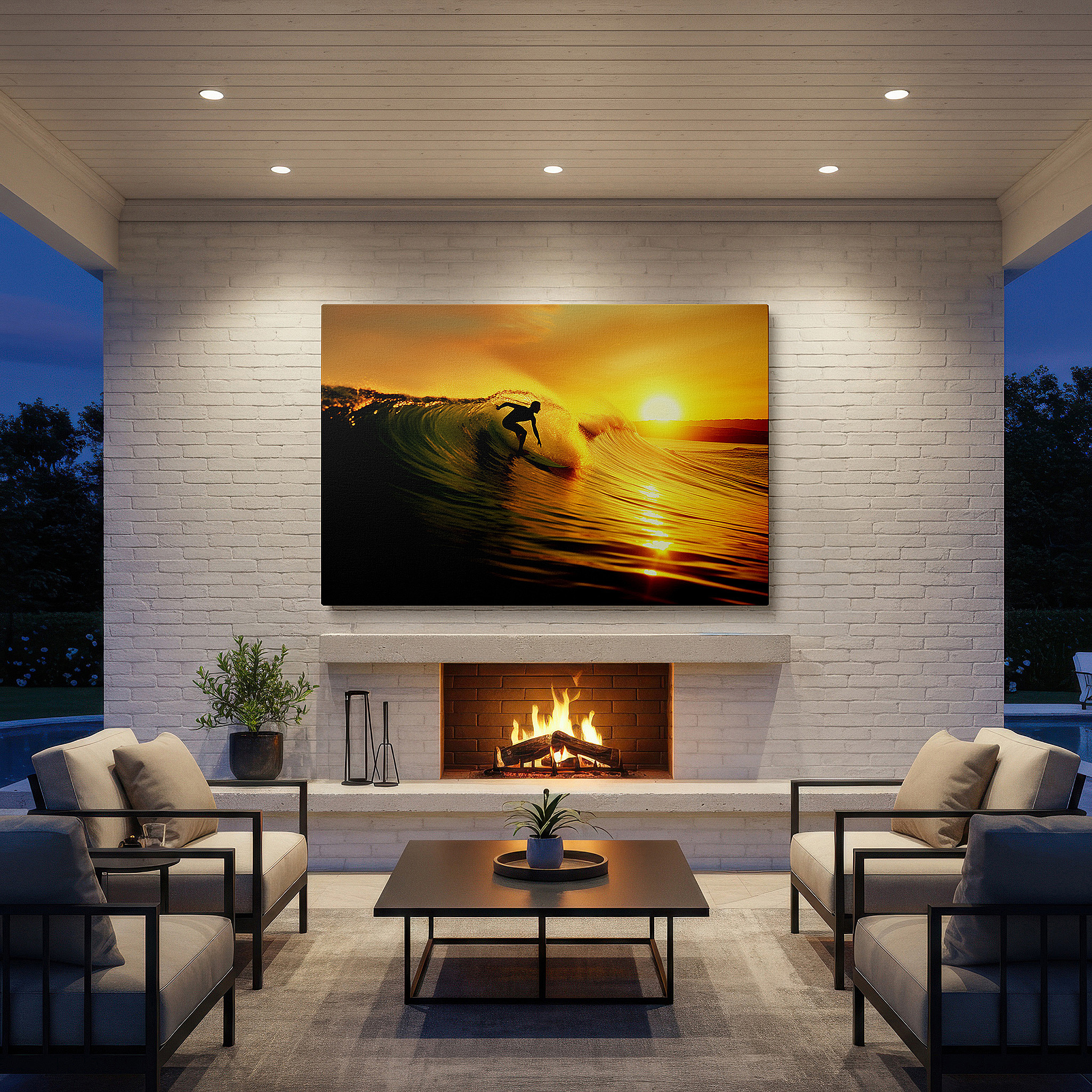 Framed by abstract decor and natural-toned accessories — surfing at sunset wall art: a masterful display of skill and nature's beauty - large canvas for home and office decor, perfect for living room and bedroom