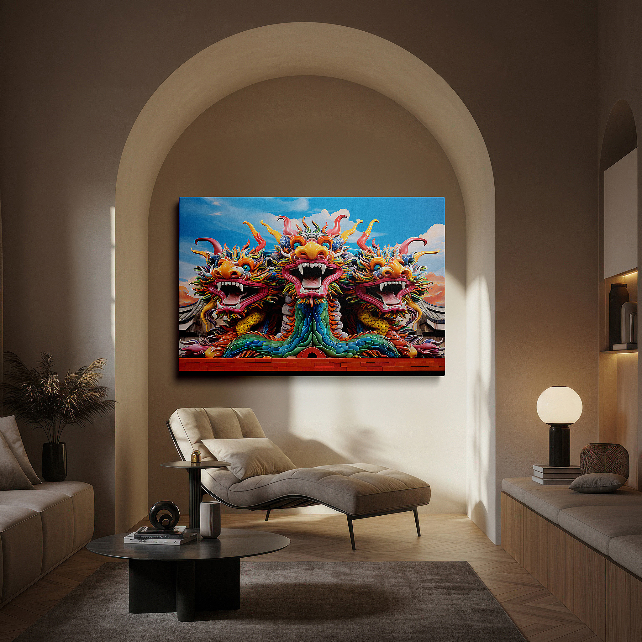 Framed by abstract decor and natural-toned accessories — three-headed dragon wall art: a majestic and symbolic representation of asian mythology, ideal for home and office decor, available as large canvas wall art