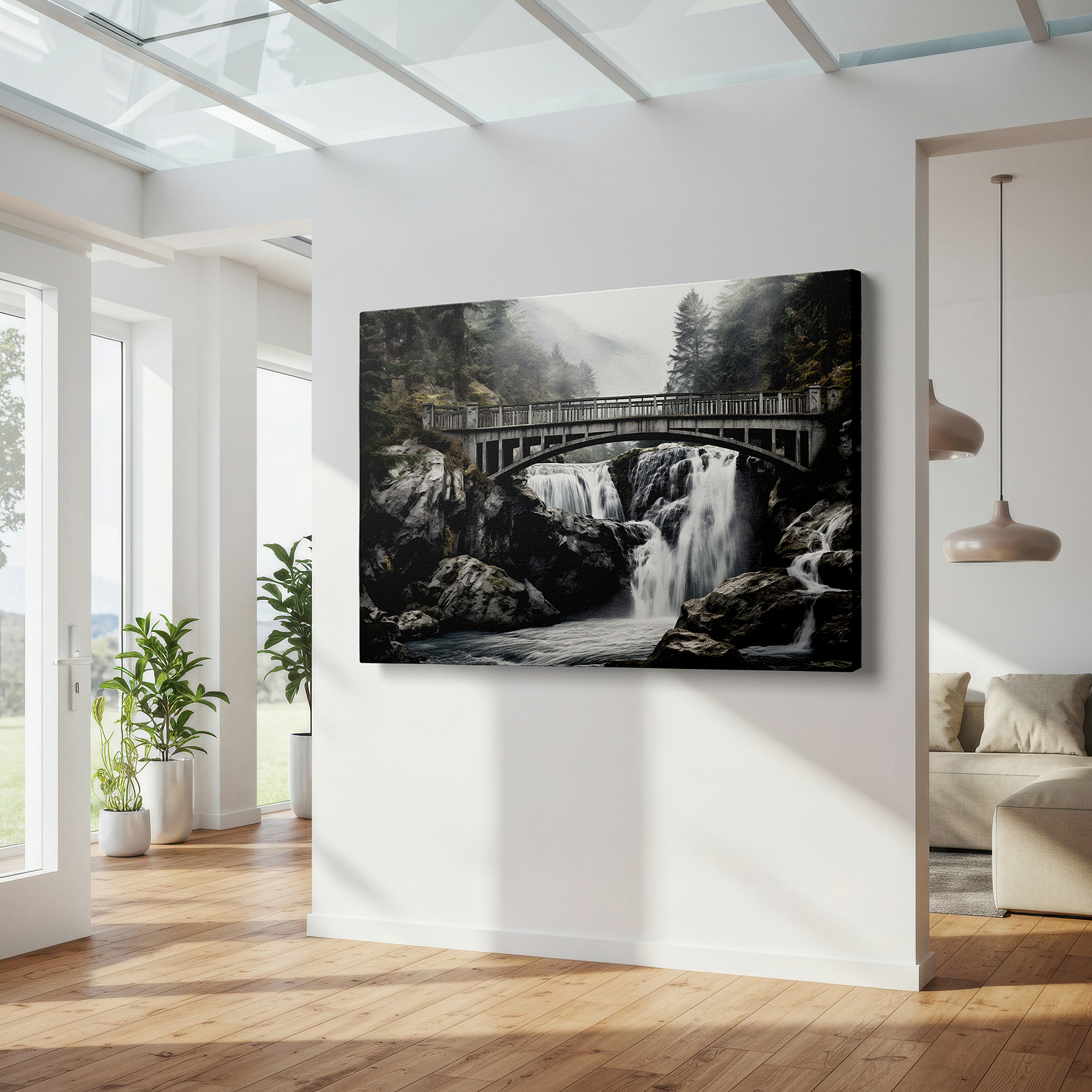 Framed by abstract decor and natural-toned accessories — timeless bridge and waterfall canvas print - enchanted forest scene for home and office decor, large wall art for living room and bedroom