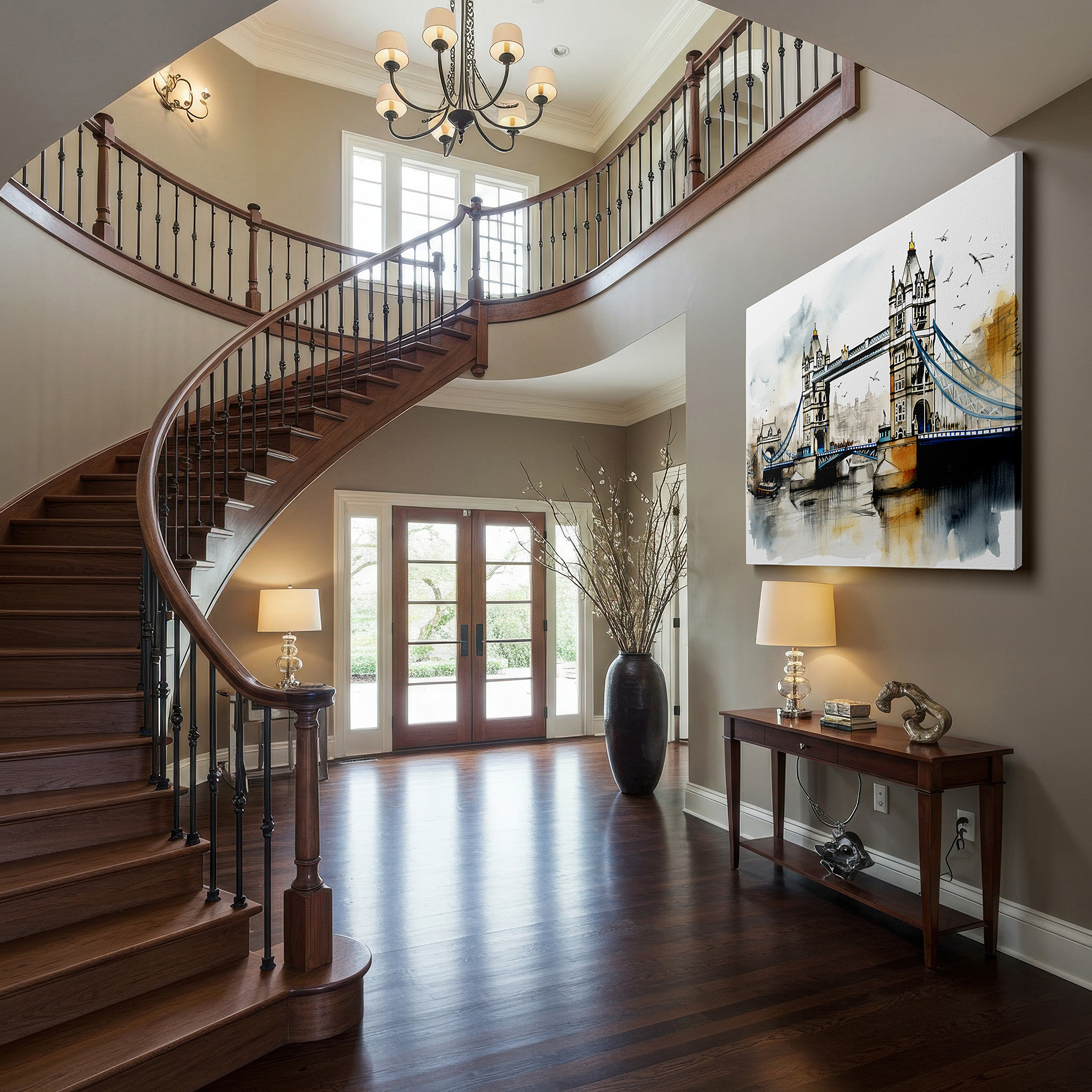 Framed by abstract decor and natural-toned accessories — tower bridge wall art for office: a victorian gothic masterpiece and a tribute to london's history - large canvas wall art decor