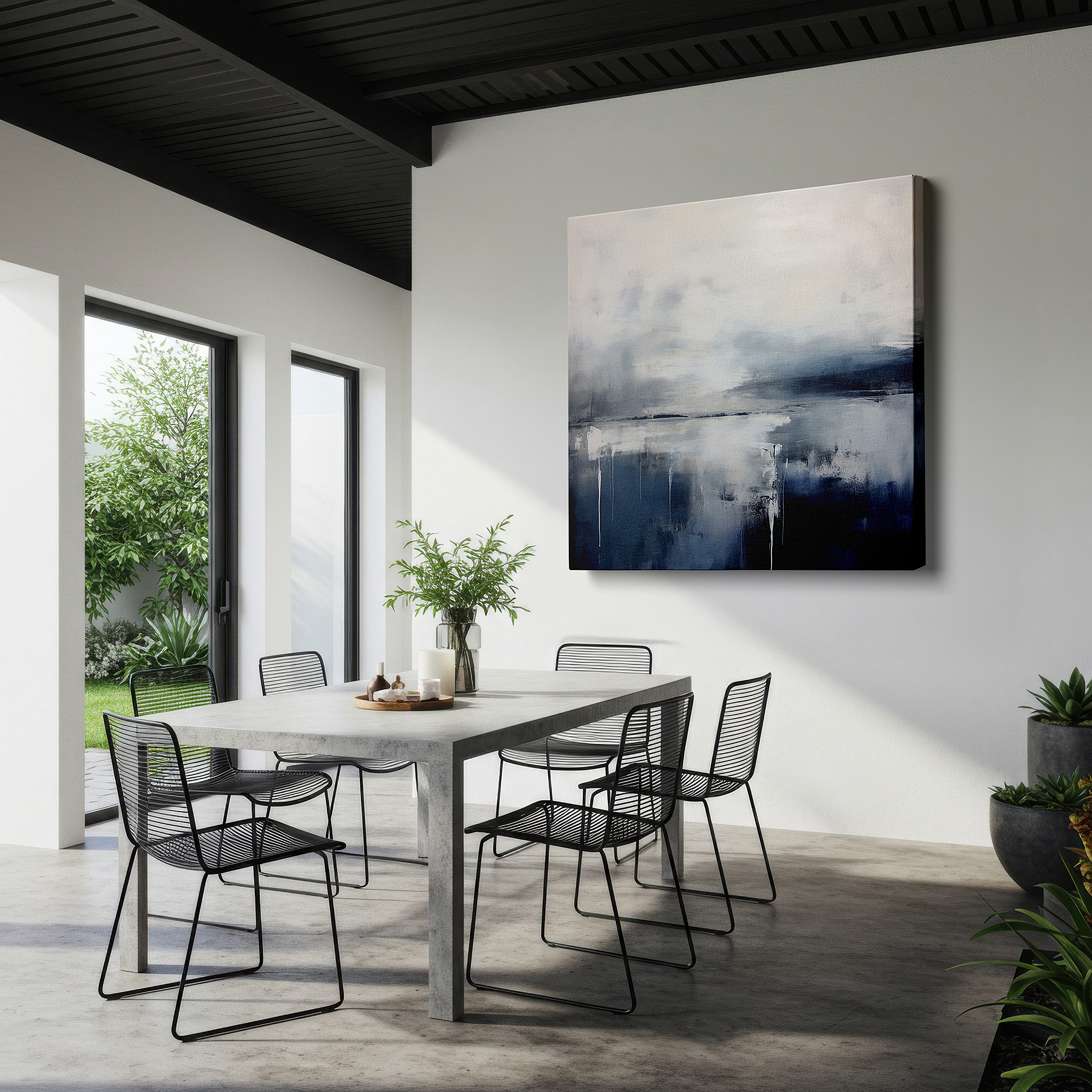Framed by abstract decor and natural-toned accessories — tranquil abstract landscape in soft blues and grays, large wall art for a peaceful atmosphere, canvas wall art, decor for office and bedroom walls