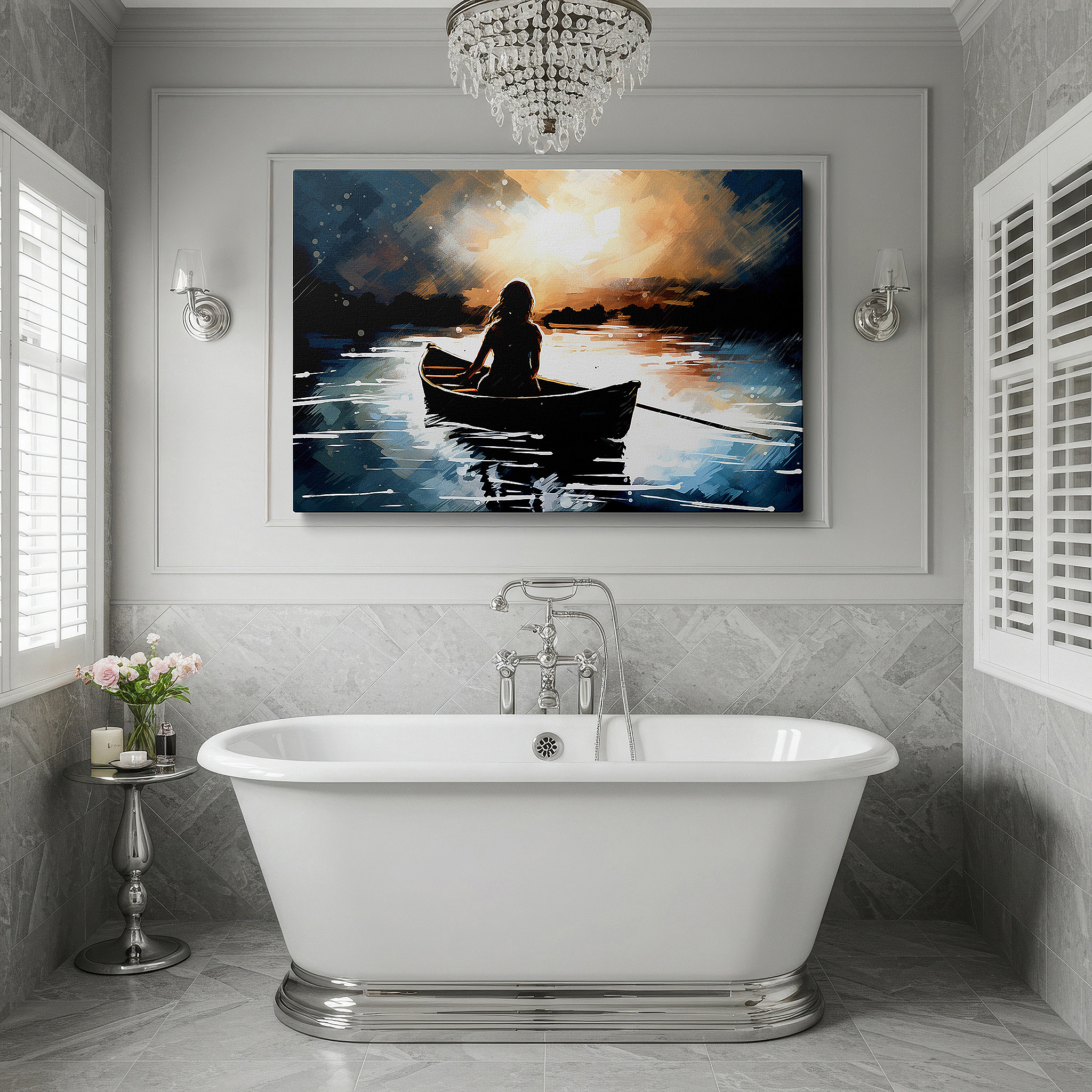 Framed by abstract decor and natural-toned accessories — tranquil canoe journey at sunset: large canvas wall art depicting nature's serene splendor for office and bedroom decor