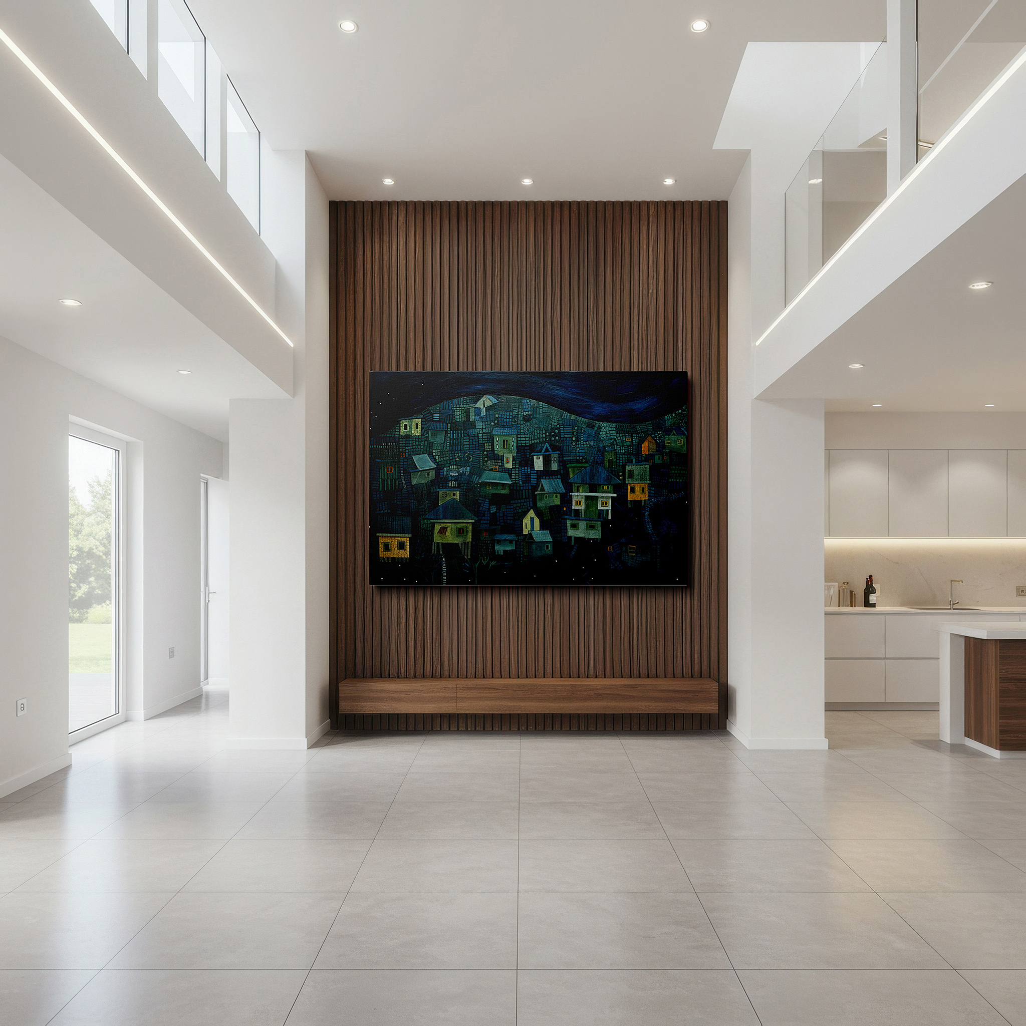 Framed by abstract decor and natural-toned accessories — twilight glow over enchanted village - serene nightscape with vibrant houses and starry skies, large canvas wall art for home and office decor