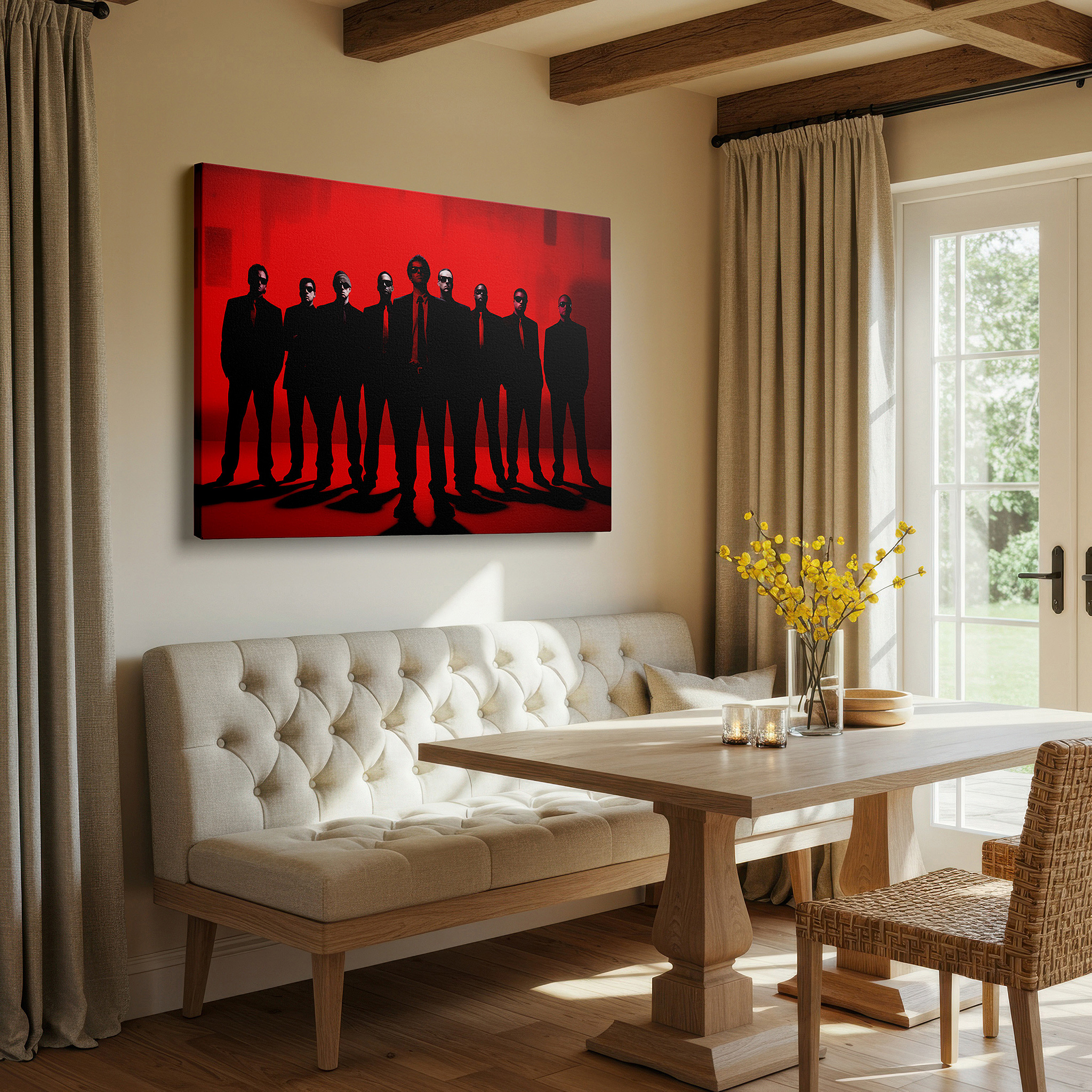Framed by abstract decor and natural-toned accessories — unity and professionalism themed wall art featuring ten figures against a bright red background, large canvas for office decor
