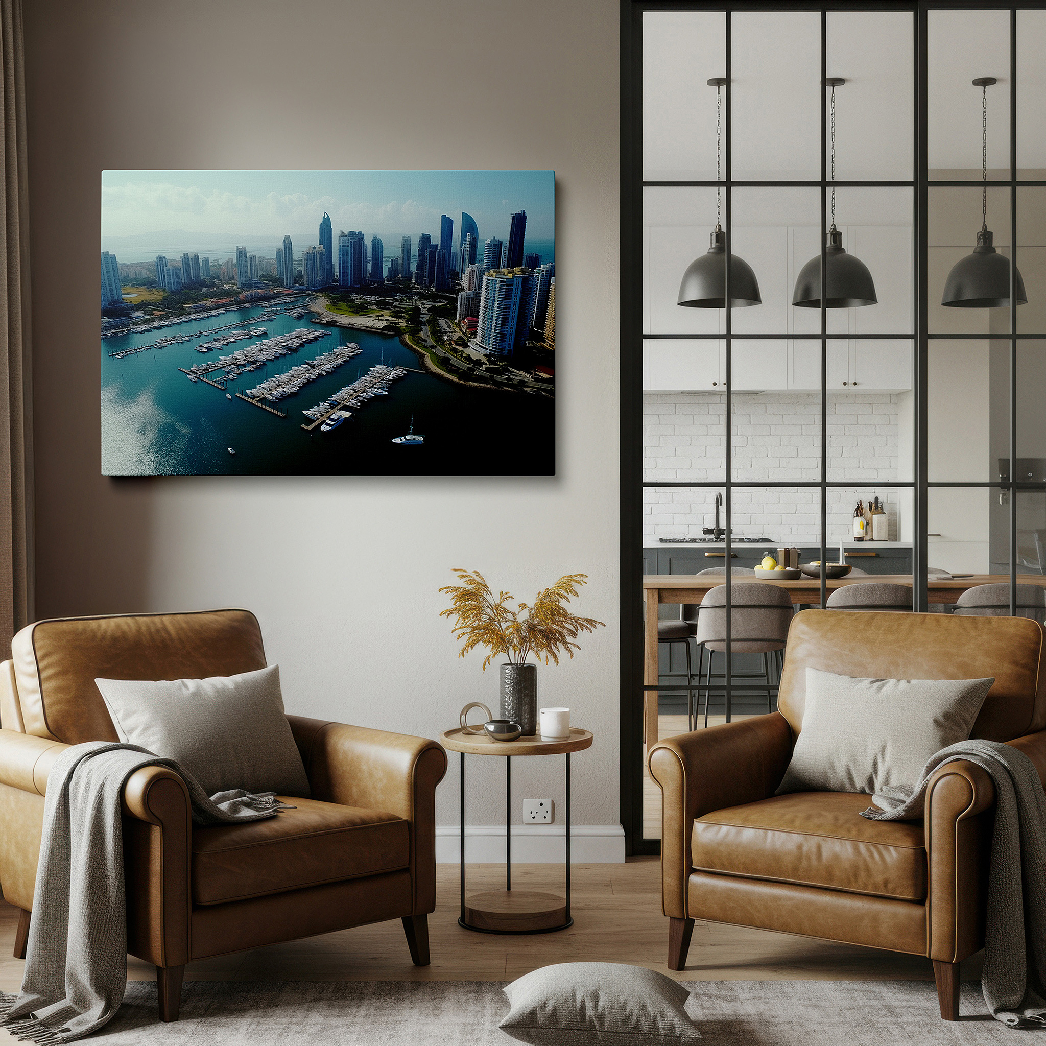 Framed by abstract decor and natural-toned accessories — urban marina elegance: skyscrapers and luxurious yachts wall art - large canvas for office and bedroom decor
