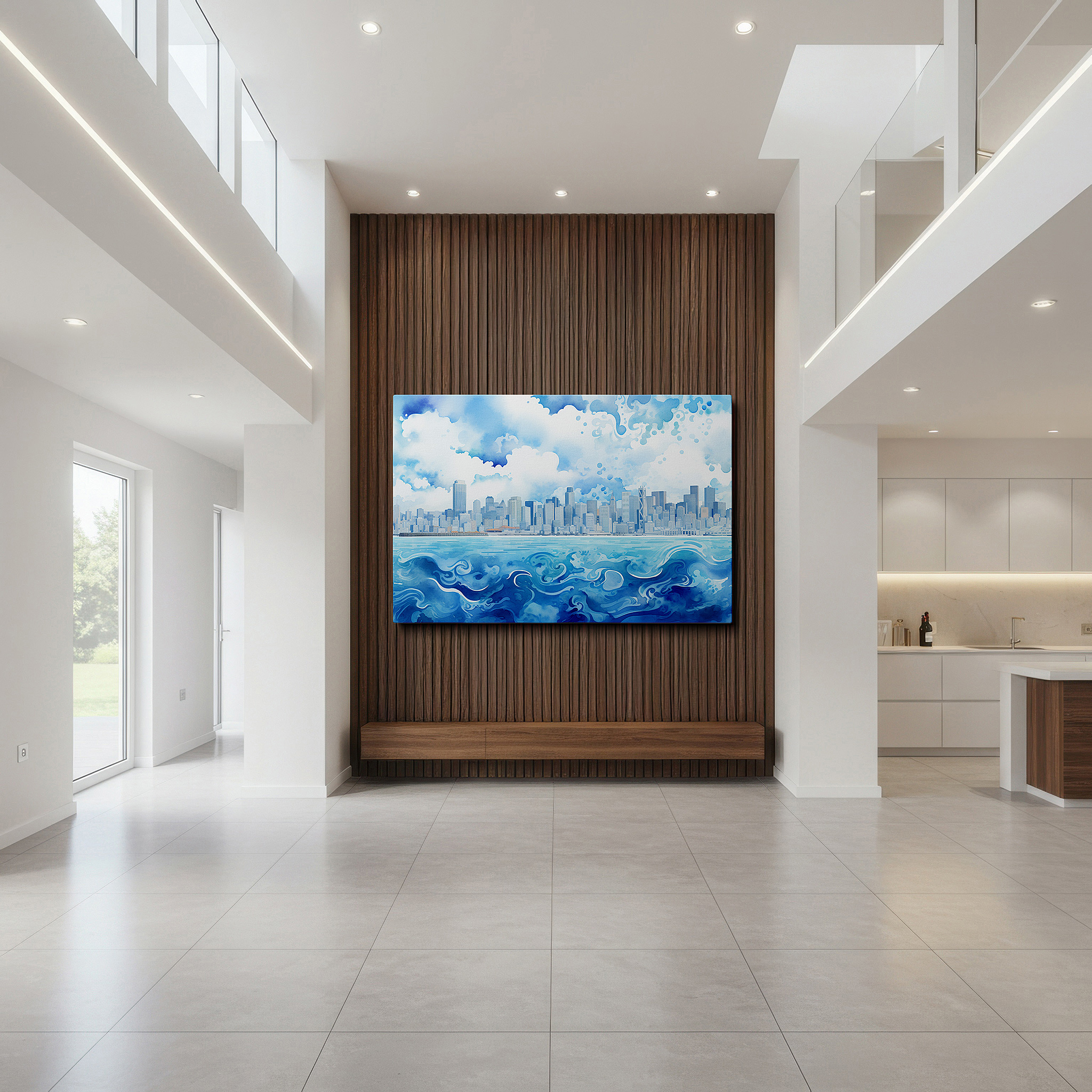 Framed by abstract decor and natural-toned accessories — vibrant abstract cityscape artwork showcasing urban vitality and artistic flair - ideal for large wall spaces, canvas prints, home and office decor