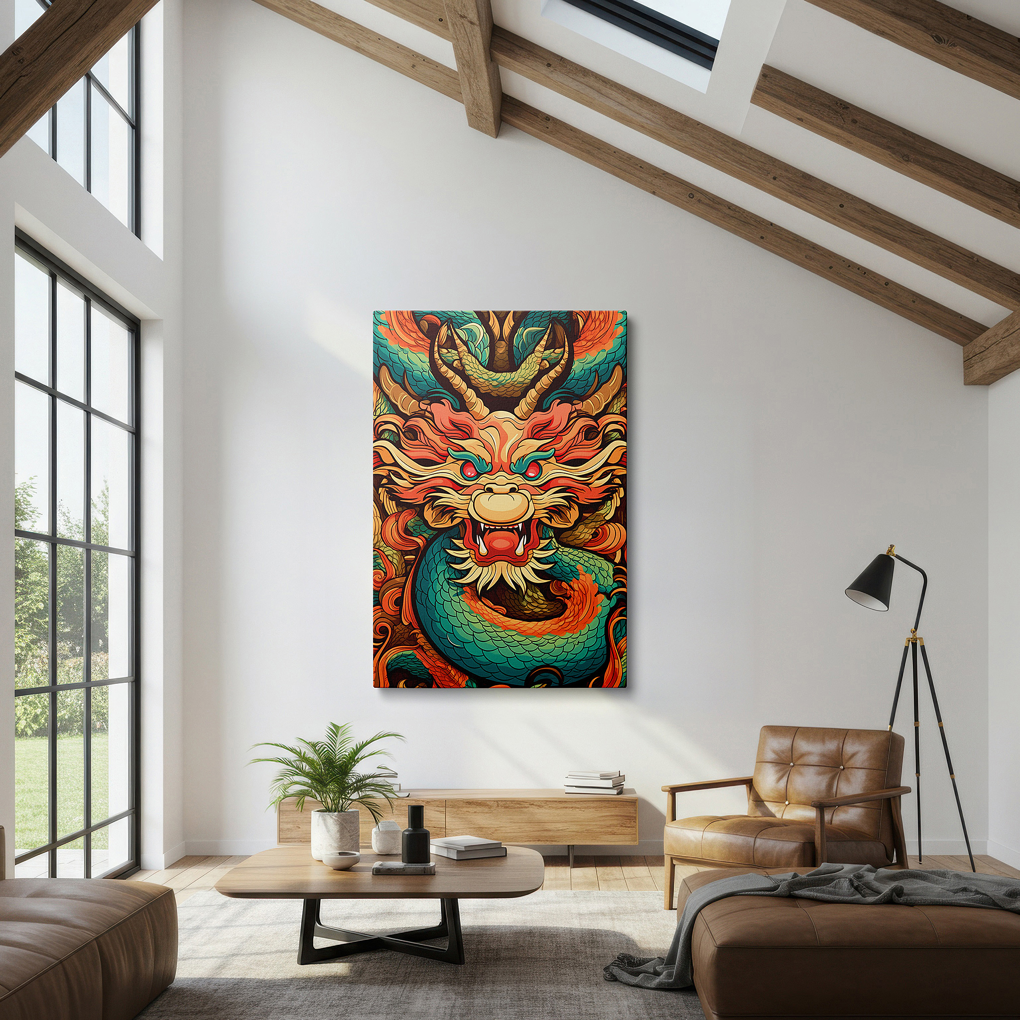 Framed by abstract decor and natural-toned accessories — vibrant mythical dragon portrait, symbolizing strength and wisdom, large canvas wall art for office decor