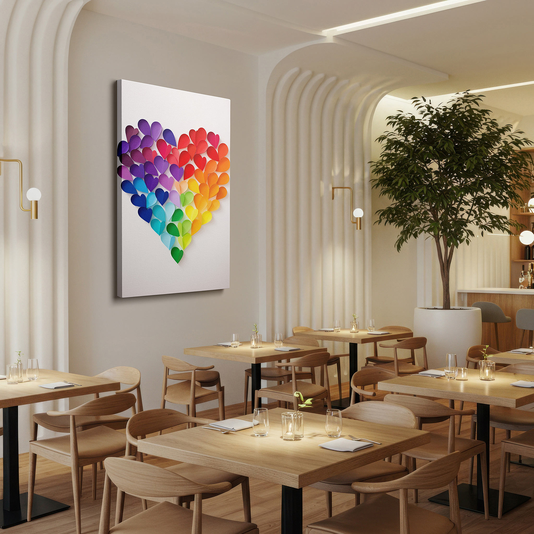 Framed by abstract decor and natural-toned accessories — vibrant paper hearts wall art celebrating love, unity, and diversity - perfect for office, bedroom, and living room decor
