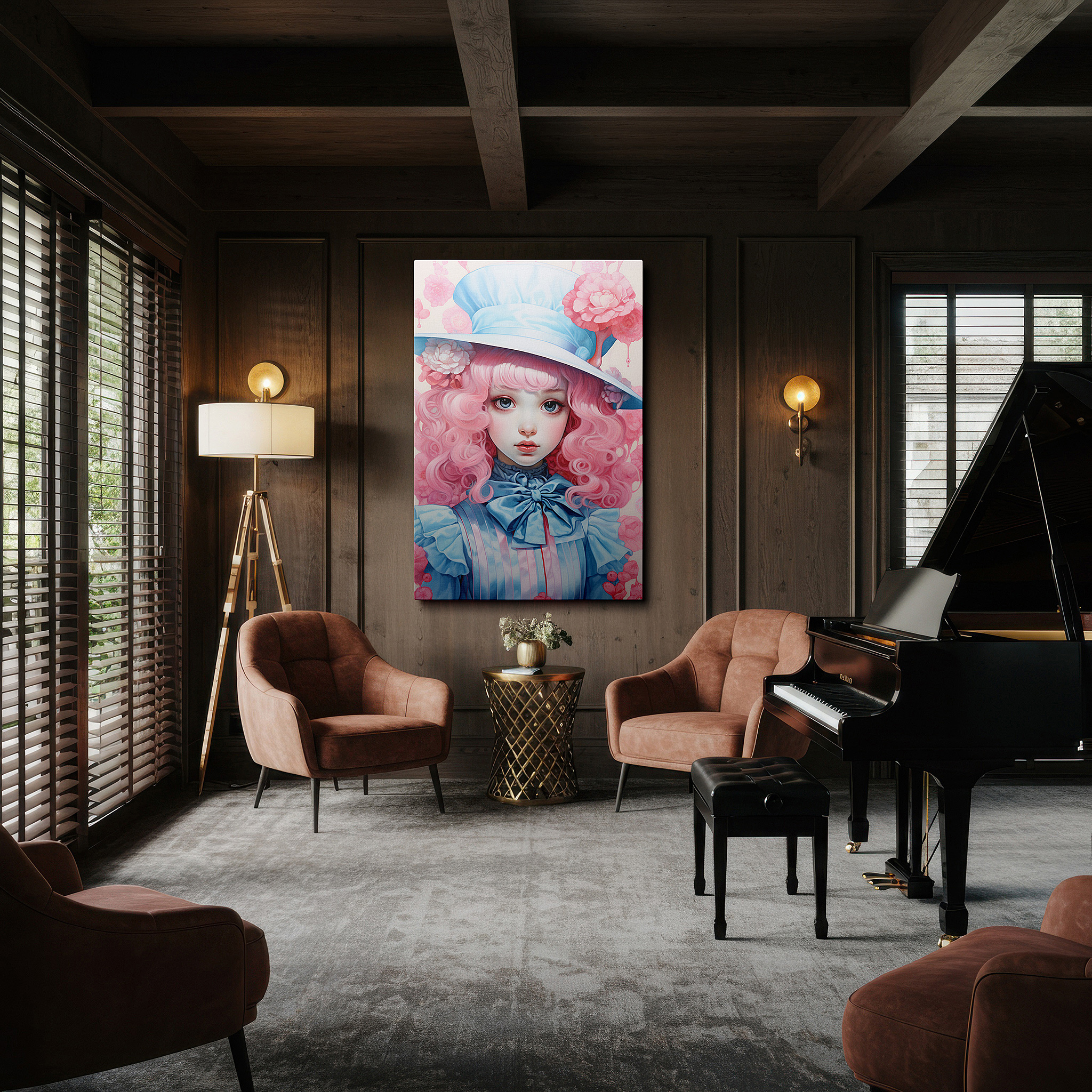 Framed by abstract decor and natural-toned accessories — vibrant pink curls and floral fantasy large canvas wall art for office, bedroom, and living room decor