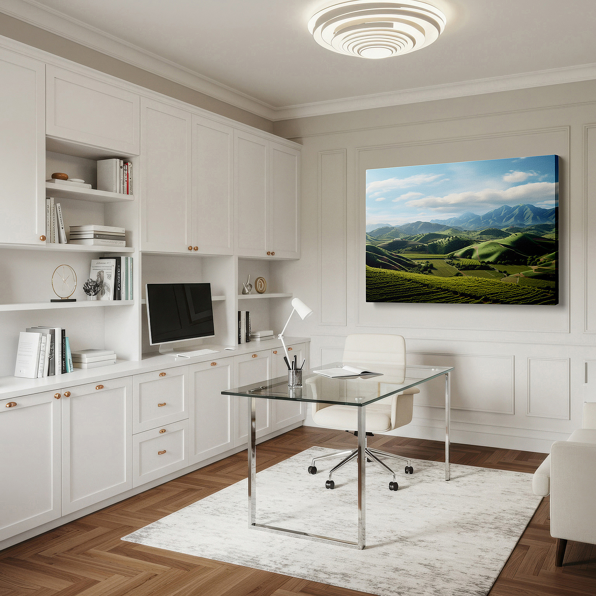 Framed by abstract decor and natural-toned accessories — wall art: blending nature and human craftsmanship in a verdant vineyard scene - large canvas wall art for home and office decor, perfect for living rooms and bedrooms