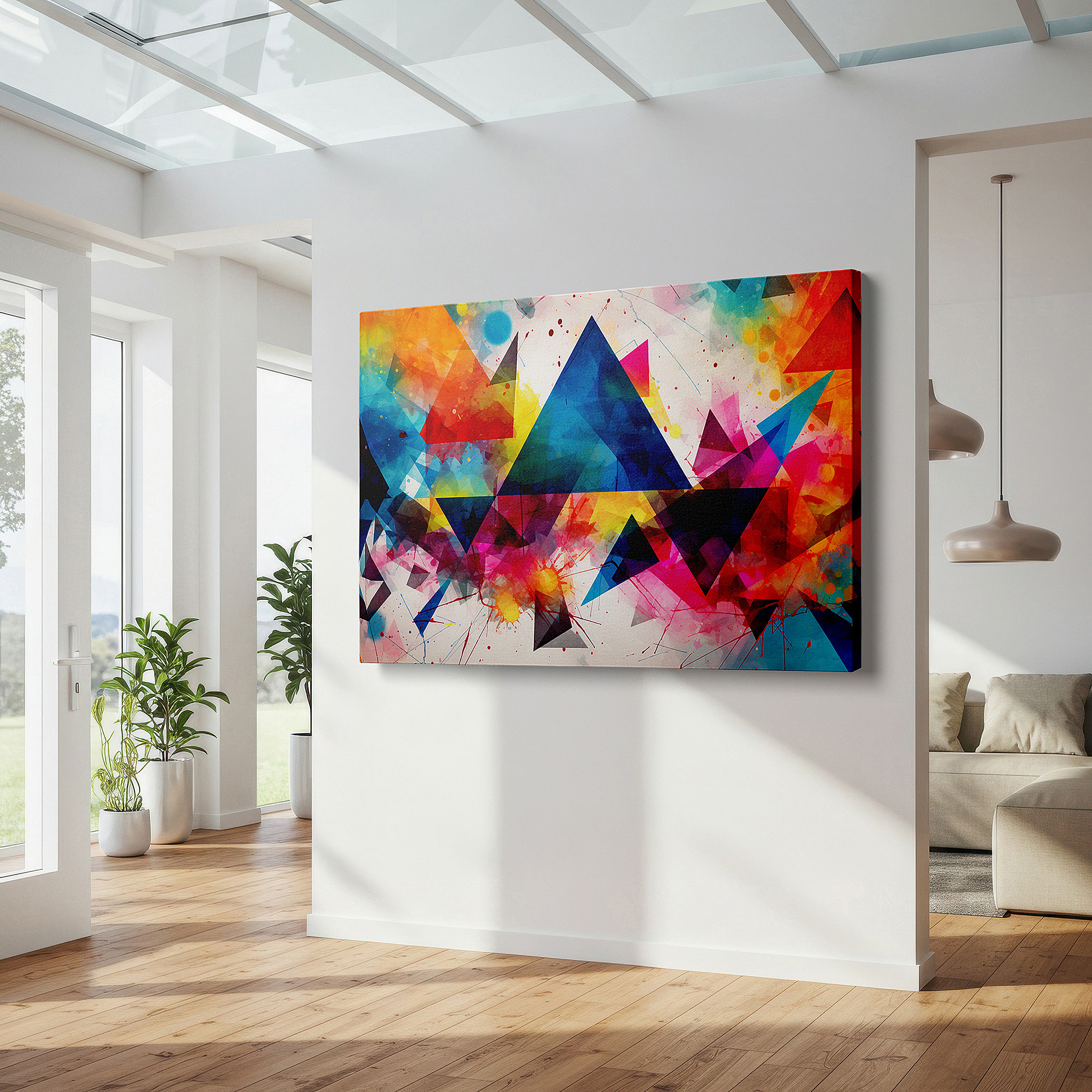 Framed by abstract decor and natural-toned accessories — wall art: contemporary abstract large canvas featuring a vibrant spectrum of geometric vitality, ideal for office, living room, and bedroom decor.