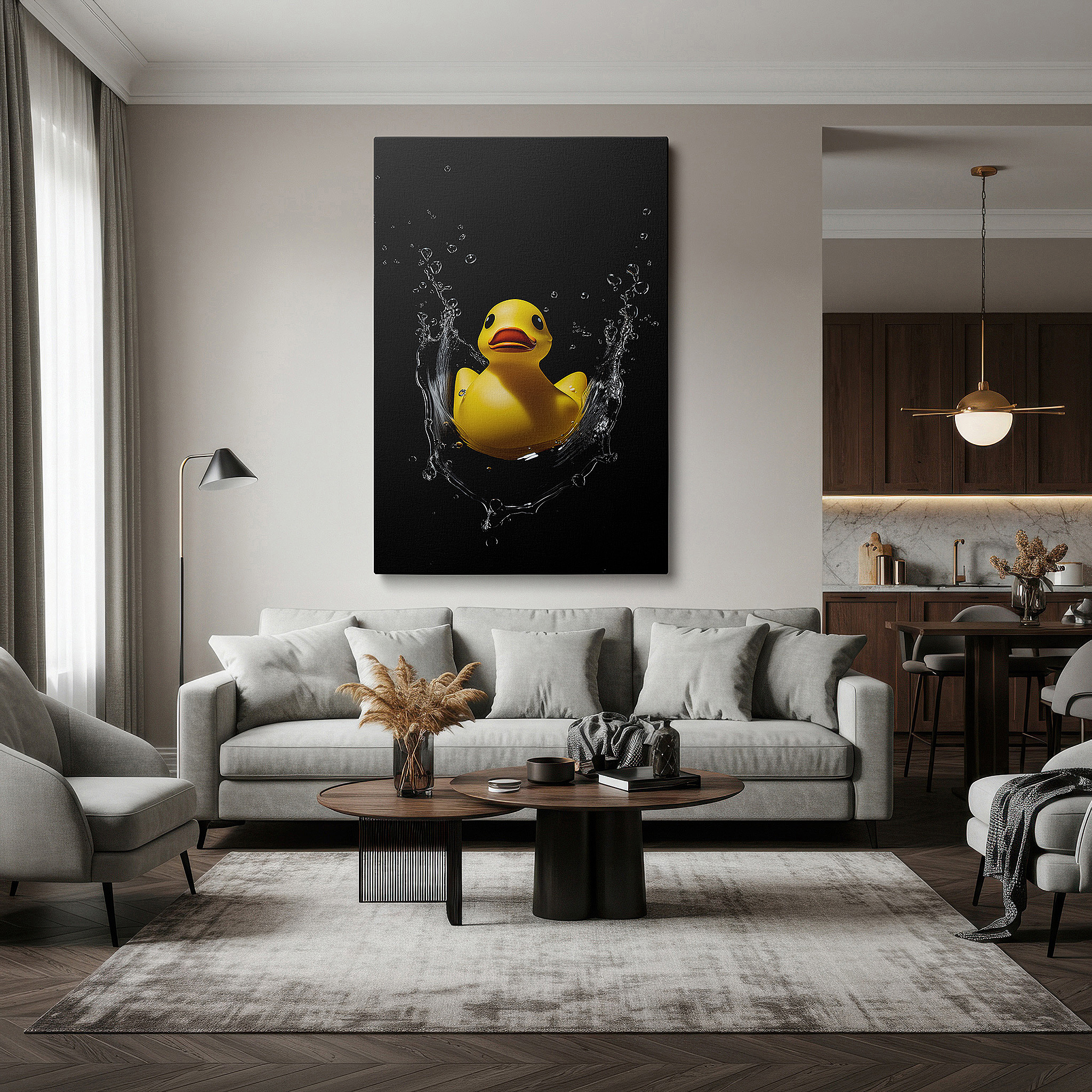 Framed by abstract decor and natural-toned accessories — wall art: delightful yellow duck happily drifting with lively splashes and whimsical bubbles - large canvas wall art for office and bedroom decor