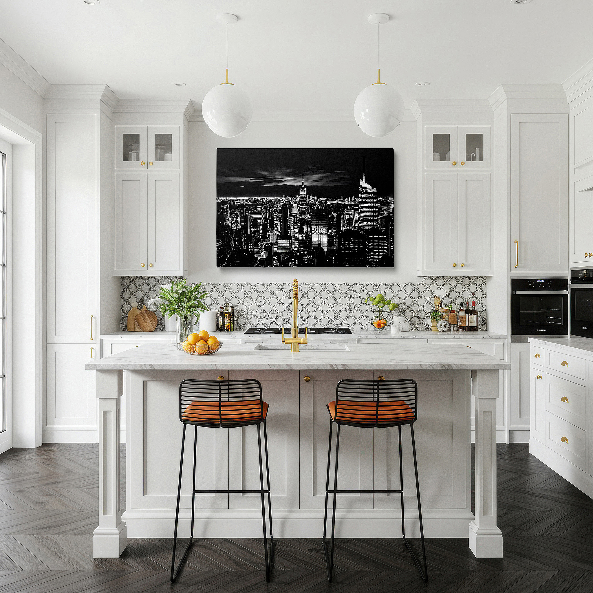 Framed by abstract decor and natural-toned accessories — wall art: experience the timeless elegance of new york's night skyline with the iconic empire state building - large canvas wall art perfect for office decor