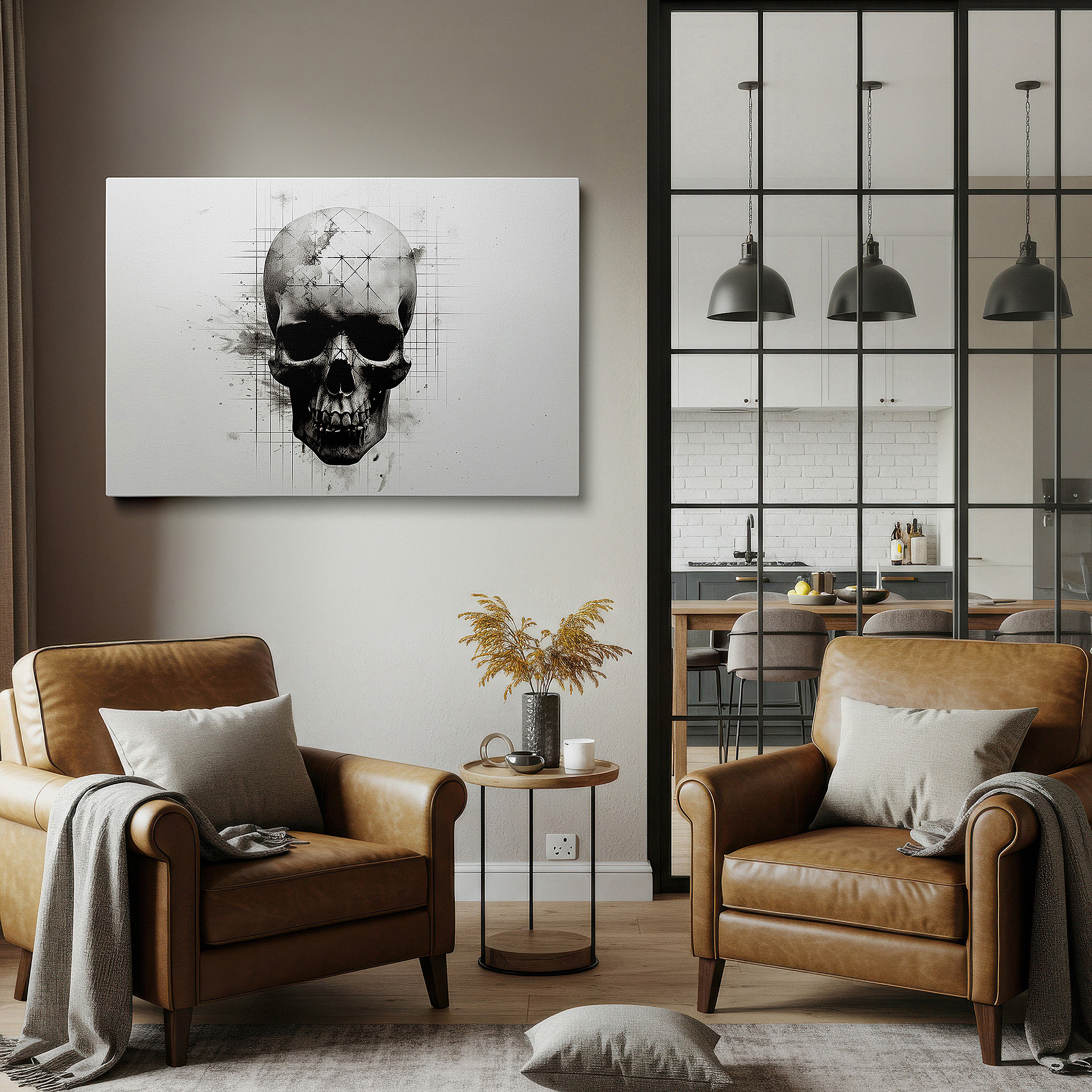 Framed by abstract decor and natural-toned accessories — wall art: explore the essence of existence with a geometric skull design - large canvas art for home and office decor, ideal for living rooms and bedrooms