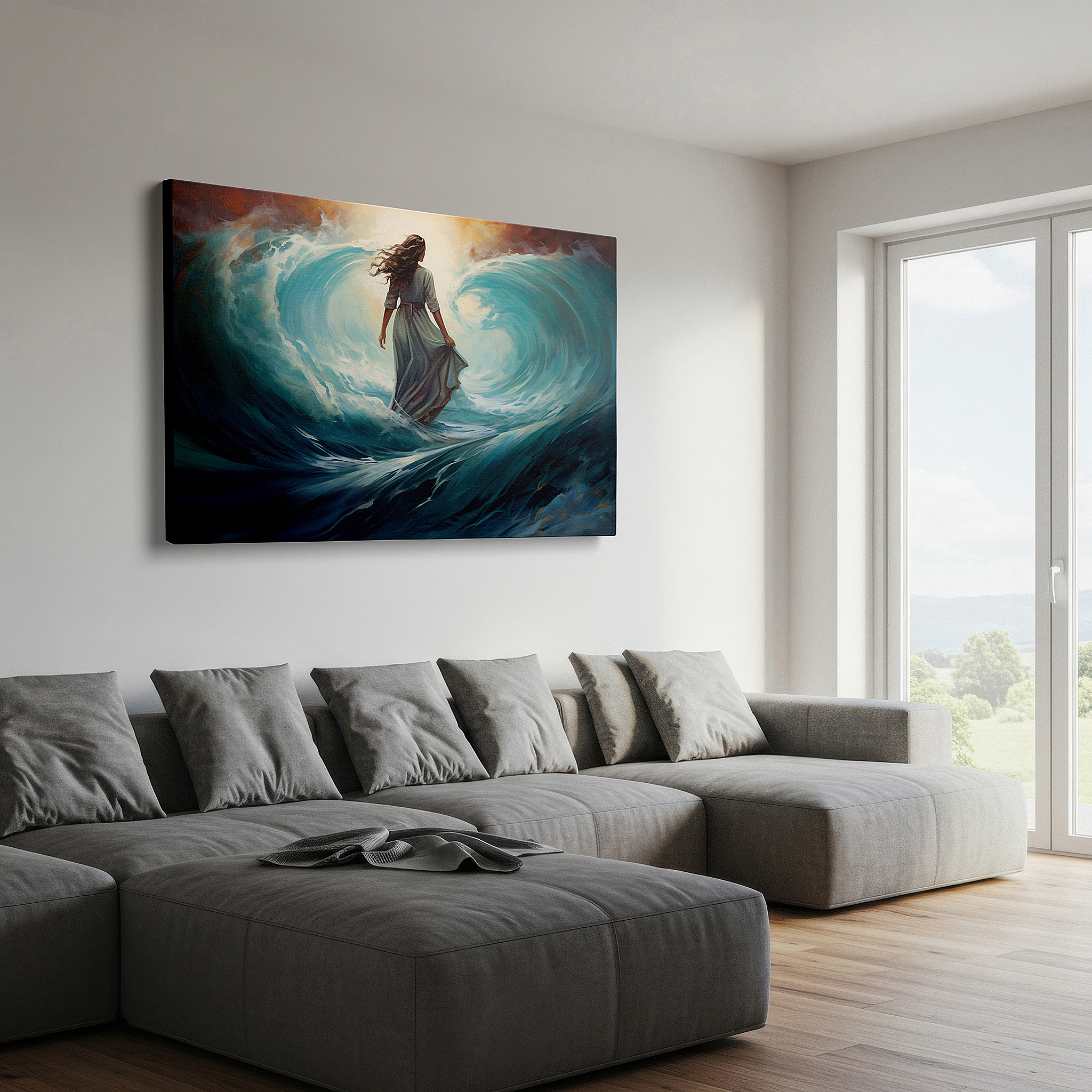 Framed by abstract decor and natural-toned accessories — wall art: human resilience amidst nature's grandeur - a timeless dance of waves and will. large canvas wall art for office and bedroom decor