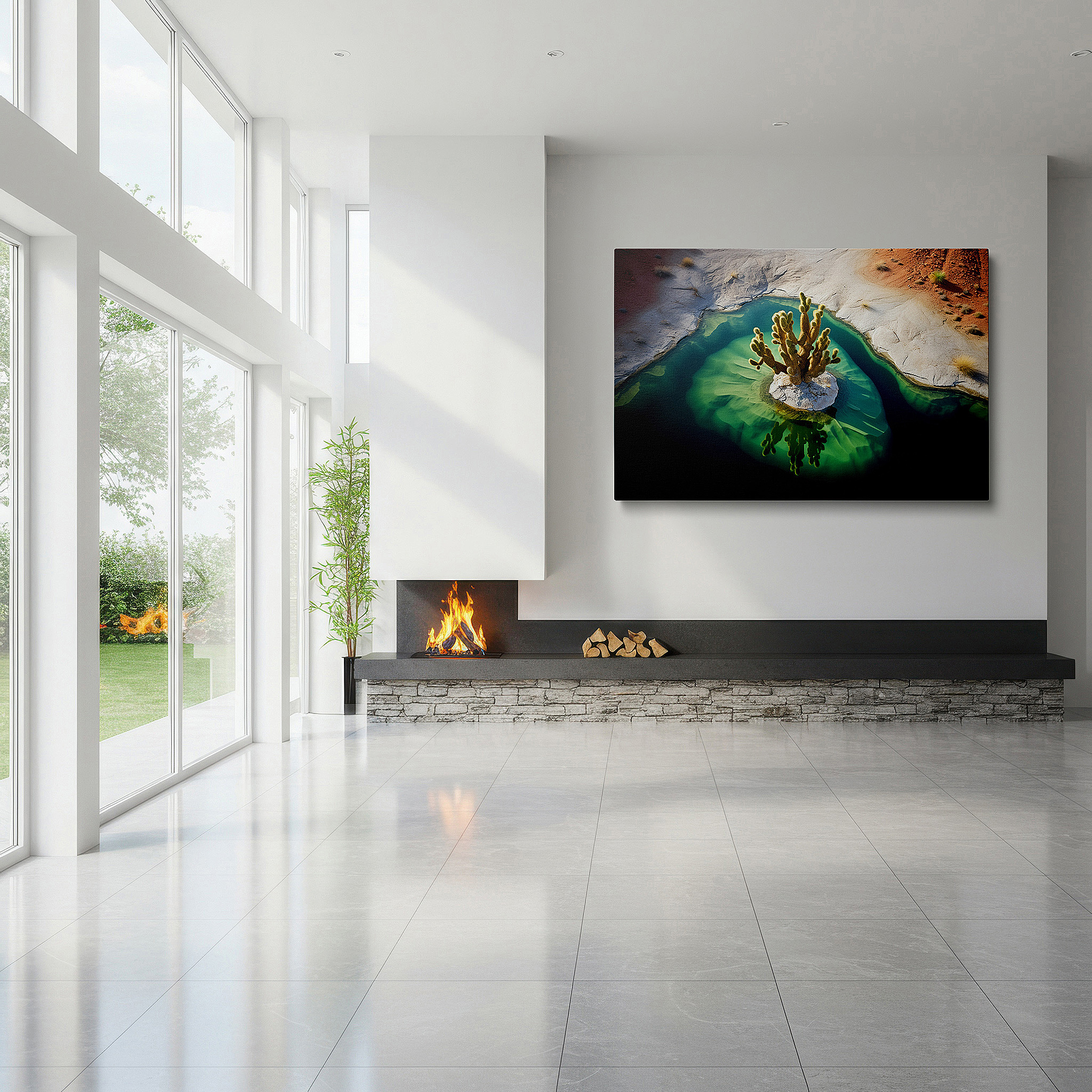 Framed by abstract decor and natural-toned accessories — wall art: lone cactus on a rocky island surrounded by turquoise waters - emblem of resilience and elegance. large canvas wall art for home and office decor.