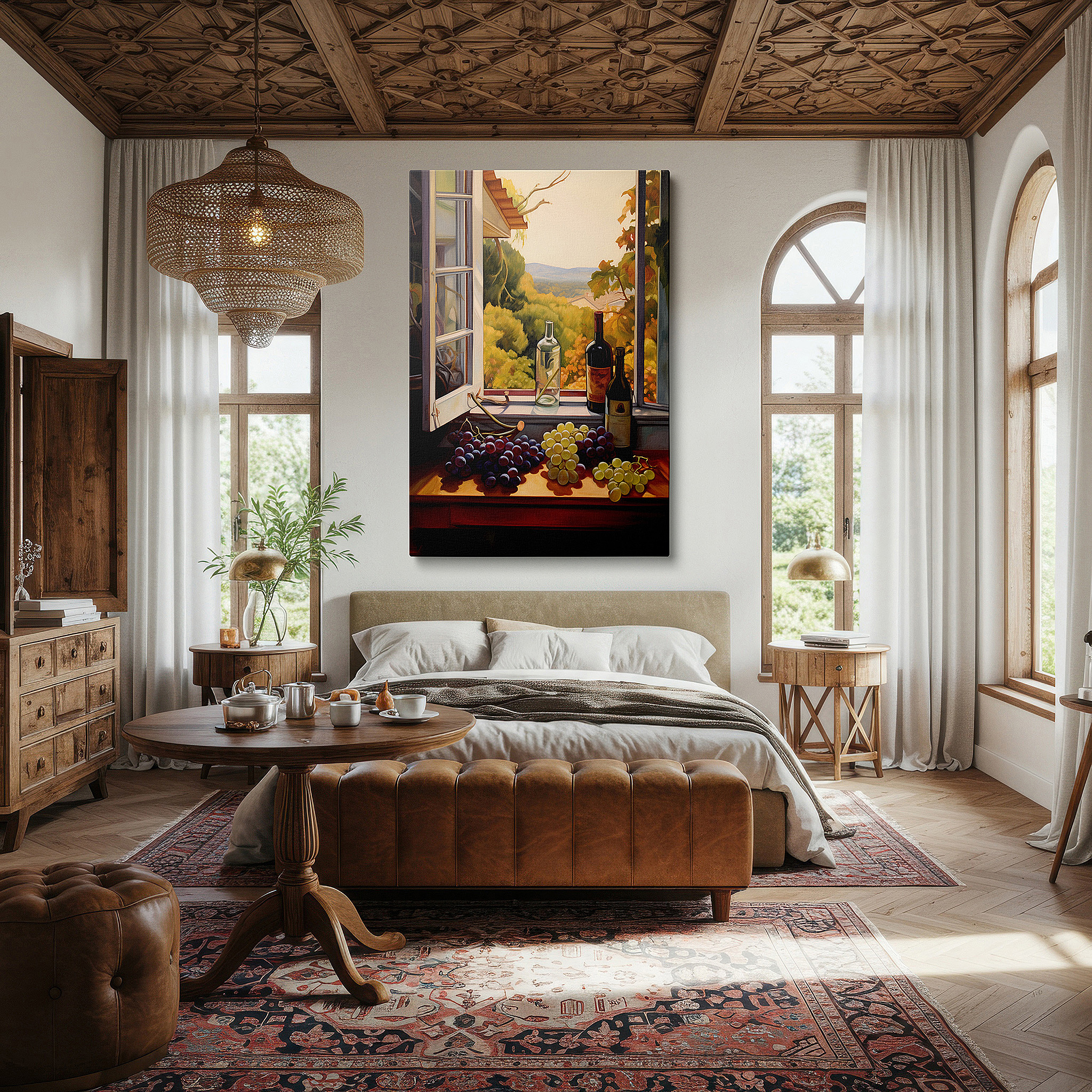 Framed by abstract decor and natural-toned accessories — wall art: lush grapes and wine bottles with a peaceful window scene, celebrating nature's bounty - large canvas wall art decor