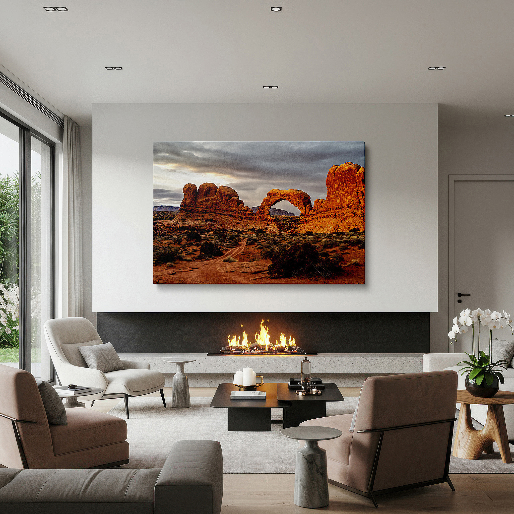 Framed by abstract decor and natural-toned accessories — wall art: majestic arches national park - timeless nature and dramatic skies. large canvas wall art for office and bedroom decor.