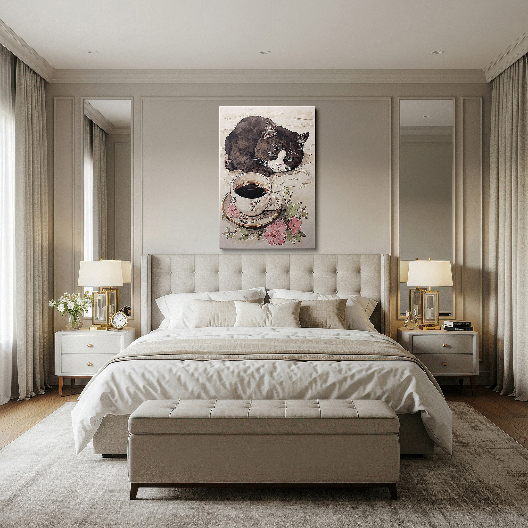 Framed by abstract decor and natural-toned accessories — wall art: peaceful apathy featuring a cat and flower-adorned coffee cup, tranquil haven large canvas art, home and office decor for living room and bedroom