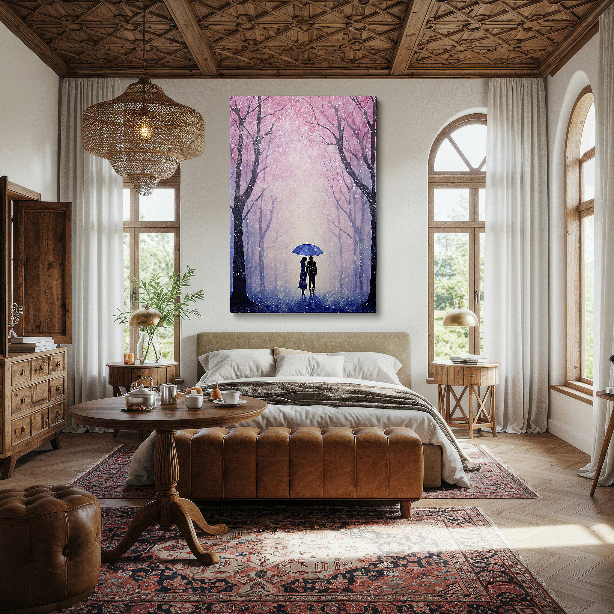 Framed by abstract decor and natural-toned accessories — wall art: romantic walk under a blue umbrella among spring blossoms - large canvas wall art for office and bedroom decor