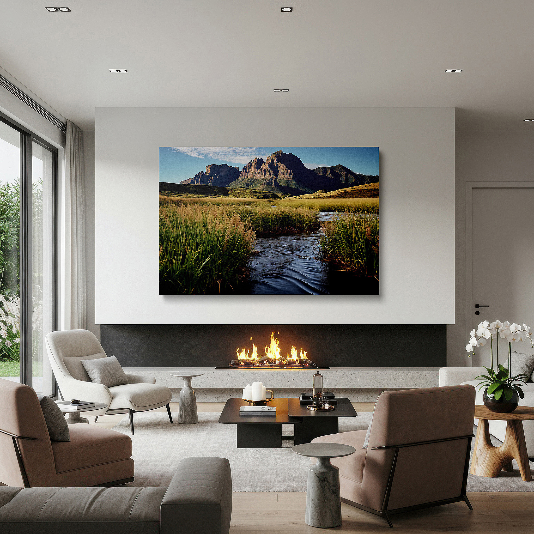 Framed by abstract decor and natural-toned accessories — wall art: serene riverscape featuring grand mountains and verdant grasslands - large canvas wall art for office and bedroom decor