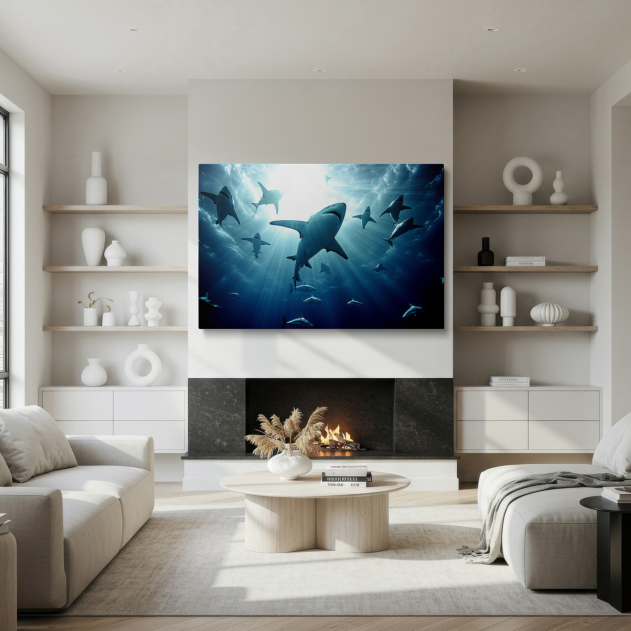 Framed by abstract decor and natural-toned accessories — wall decor: elegant sharks swimming in sunlit waters, interplay of light and shadow - large canvas art for walls, ideal for office and bedroom decor