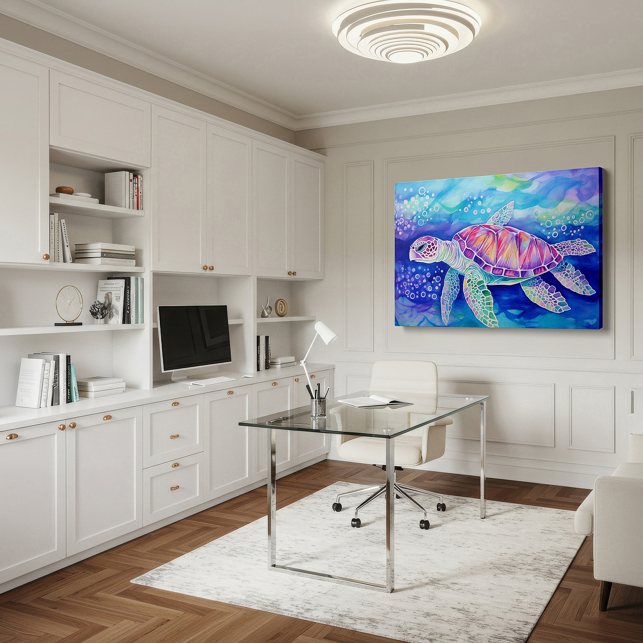 Framed by abstract decor and natural-toned accessories — wall decor: elegant turtle traverses blue waters, representing oceanic knowledge and preservation - large canvas wall art for home and office decor