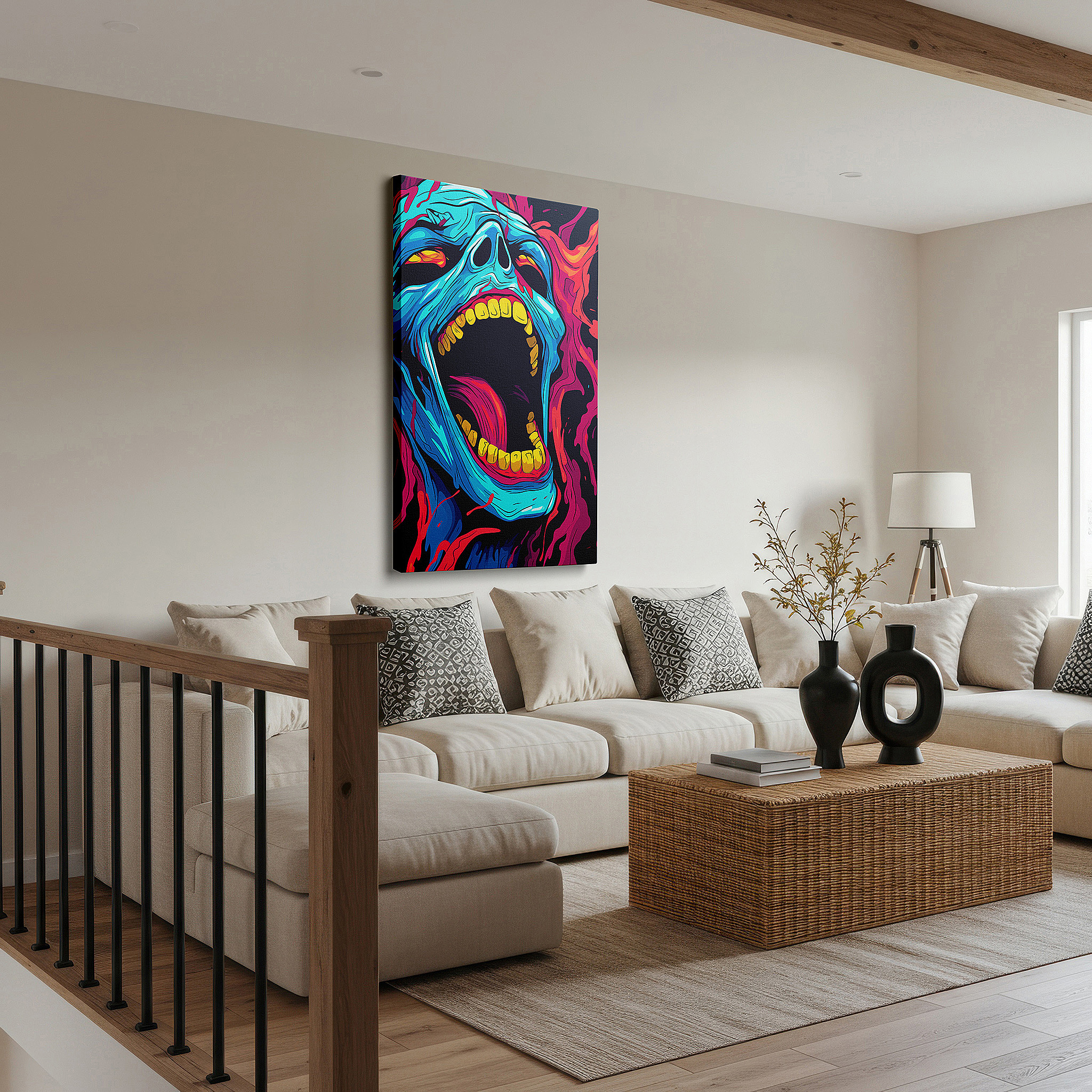 Framed by abstract decor and natural-toned accessories — wall decor: intense blue skull surrounded by flames - a profound reflection on life and feelings, large canvas art for home and office