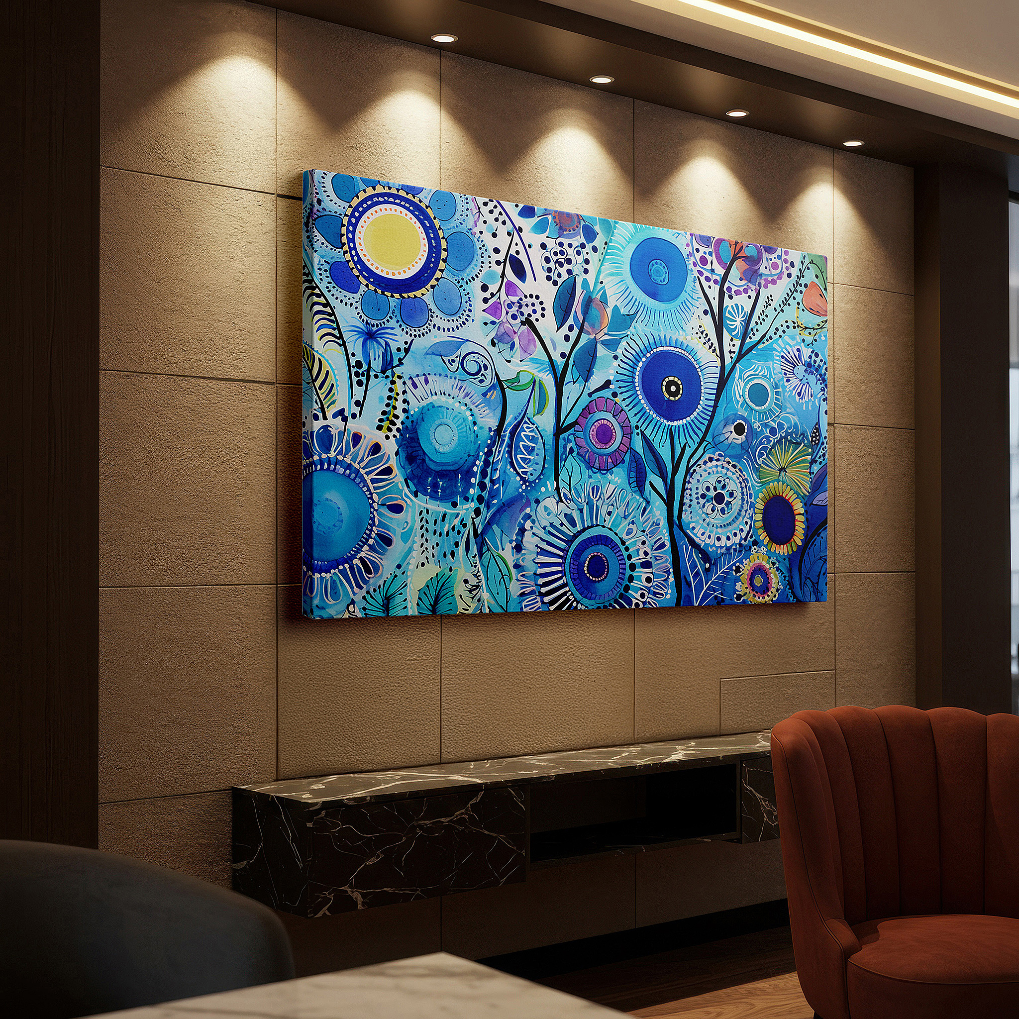 Framed by abstract decor and natural-toned accessories — wall decor: serene mix of blue and green hues featuring vibrant floral designs - ideal for living rooms, bedrooms, or office spaces