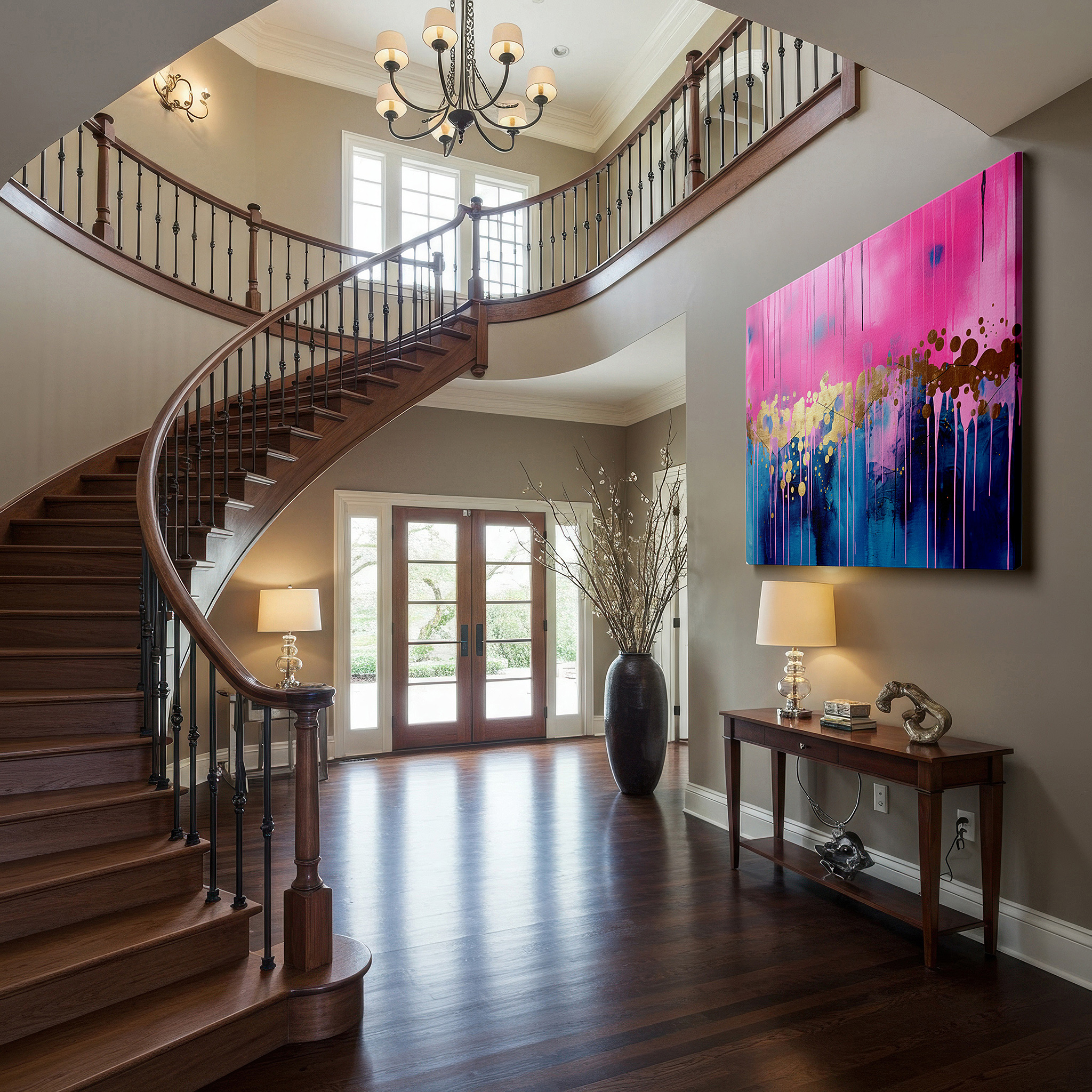 Gently illuminated by ambient lighting in an entryway — abstract expressionist large wall art featuring dynamic harmony of pink and gold splashes, ideal for office and bedroom decor